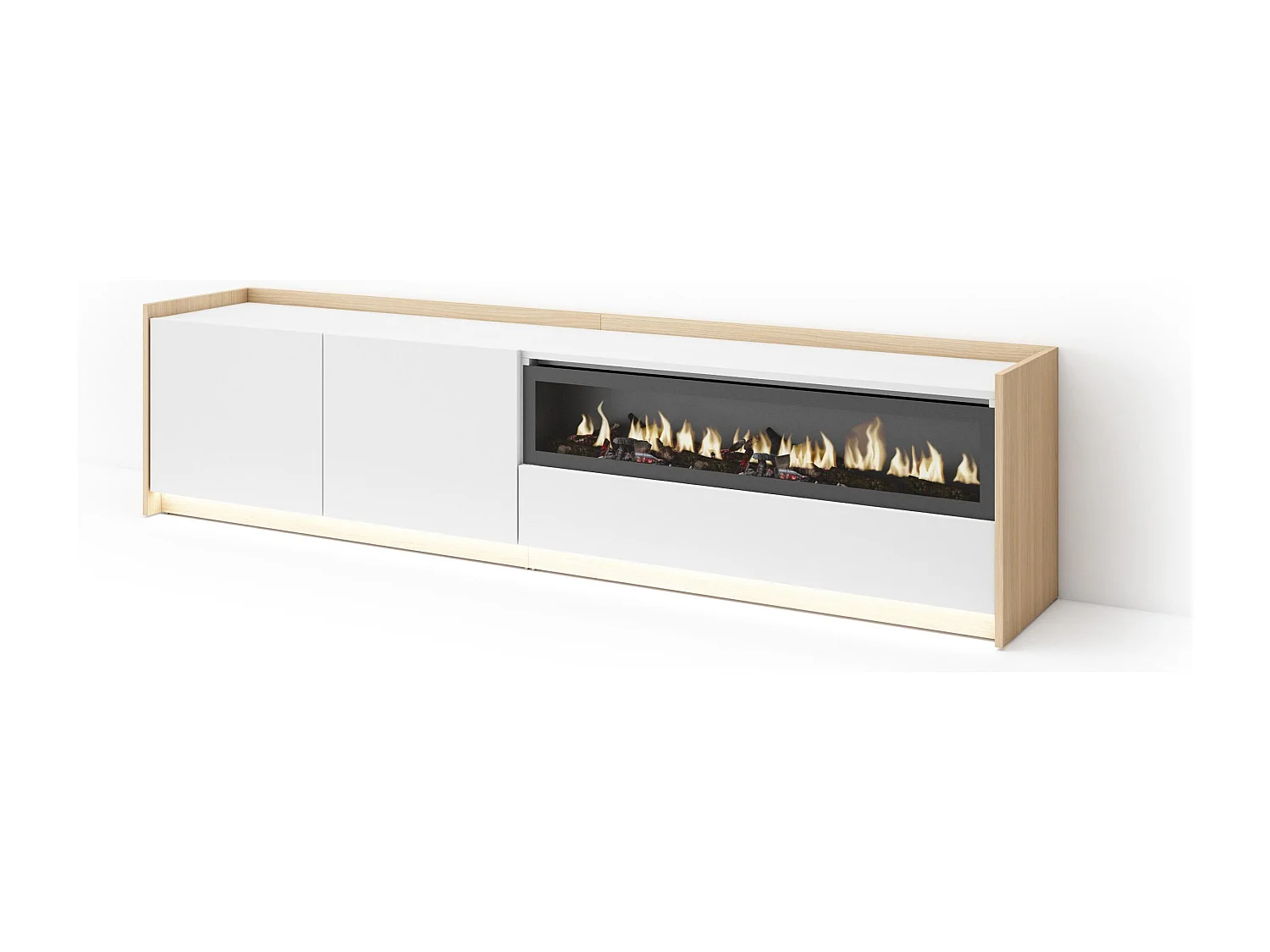 TV-Schrank, Lowboard, 207x50x37 cm, Für TV-Geräte bis zu 80", Elektrokamin., LED, Weiß und Eiche Soft