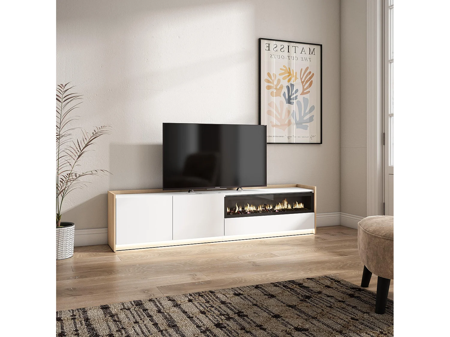 TV-Schrank, Lowboard, 207x50x37 cm, Für TV-Geräte bis zu 80", Elektrokamin., LED, Weiß und Eiche Soft