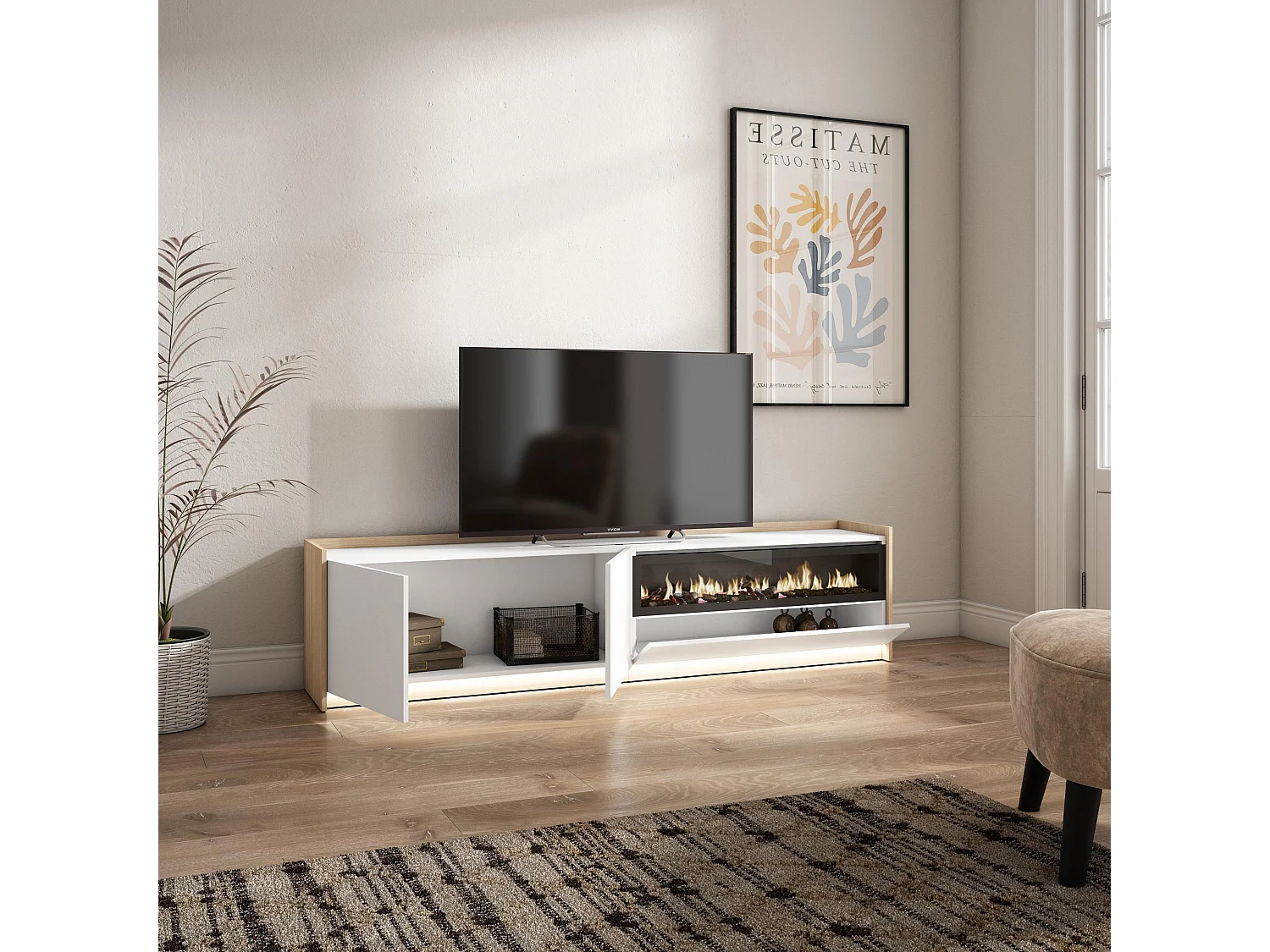 TV-Schrank, Lowboard, 207x50x37 cm, Für TV-Geräte bis zu 80", Elektrokamin., LED, Weiß und Eiche Soft