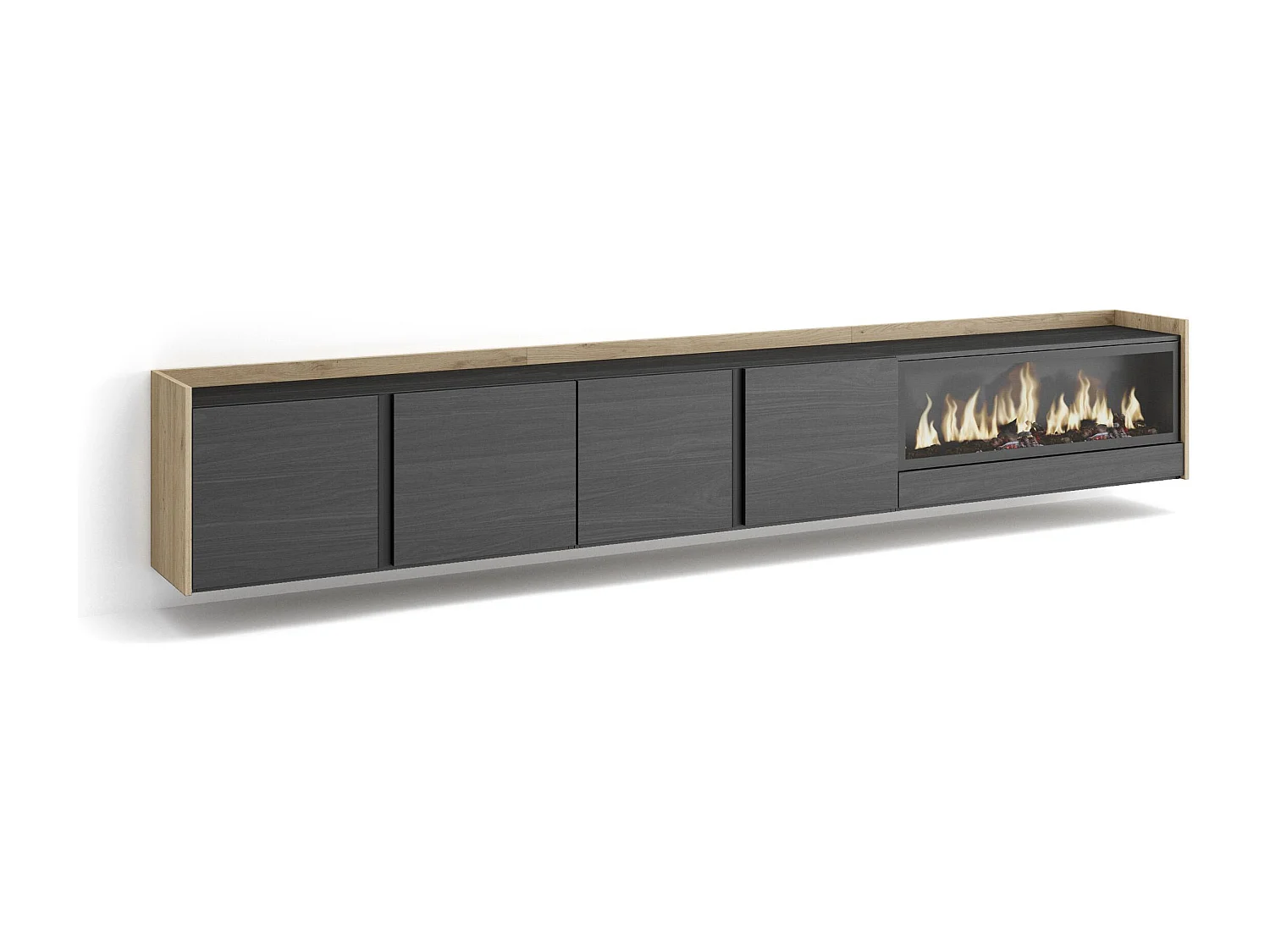 Meuble TV, Banc Télé, 315x50x35 cm, Pour les TV jusqu'à 80", Cheminée électrique XXL, Suspendu, Mural, Noir et chêne