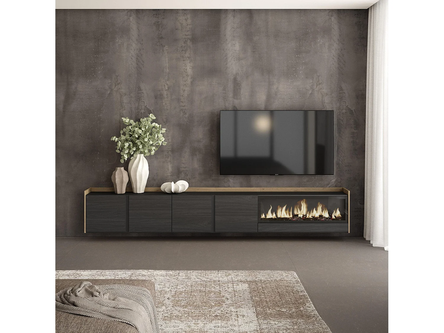 Meuble TV, Banc Télé, 315x50x35 cm, Pour les TV jusqu'à 80", Cheminée électrique XXL, Suspendu, Mural, Noir et chêne