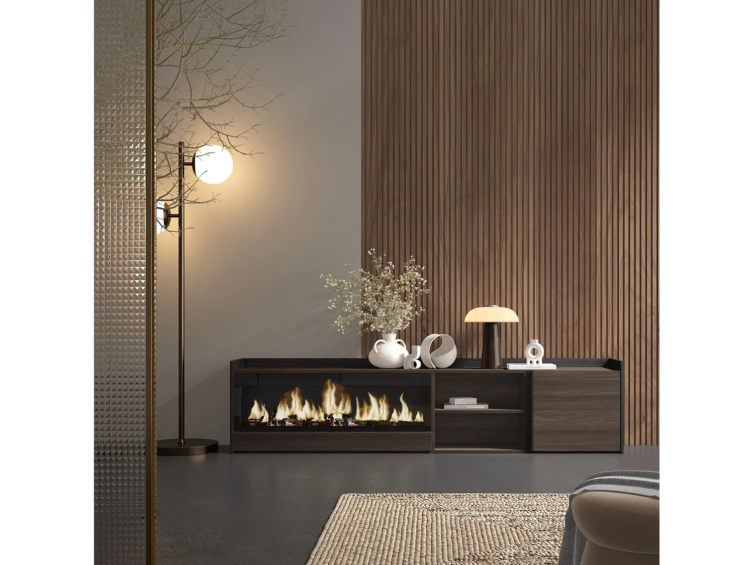 Móvel de TV, 212x50x35 cm, Para televisores até 80", Lareira eléctrica XXL, Carvalho escuro e Preto