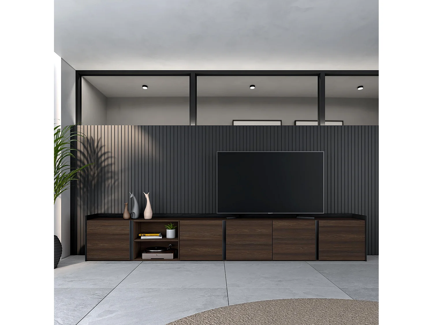 Móvel de TV, 309x50x35 cm, Para televisores até 80", Estante para TV, Carvalho escuro e Preto