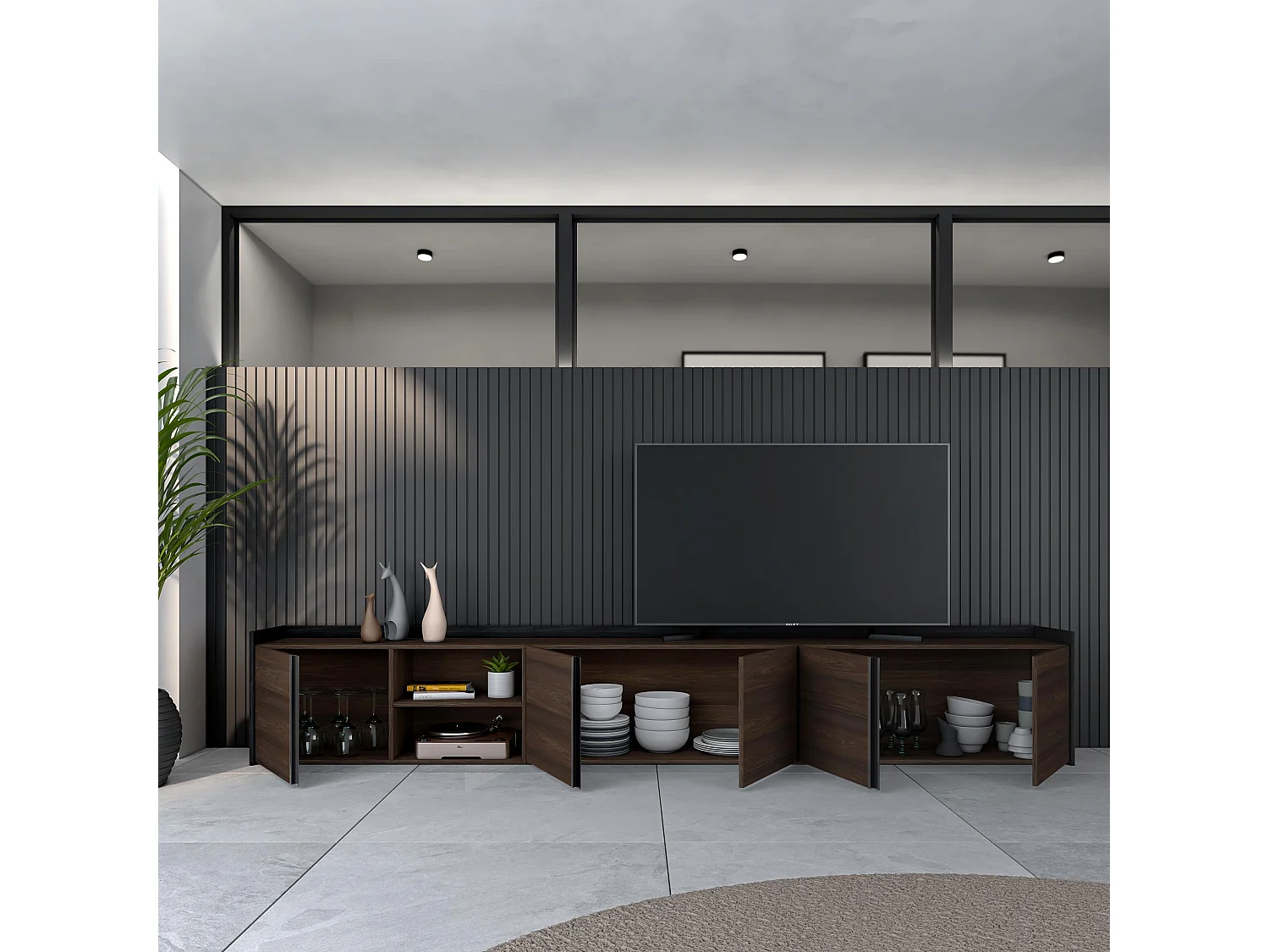 Móvel de TV, 309x50x35 cm, Para televisores até 80", Estante para TV, Carvalho escuro e Preto
