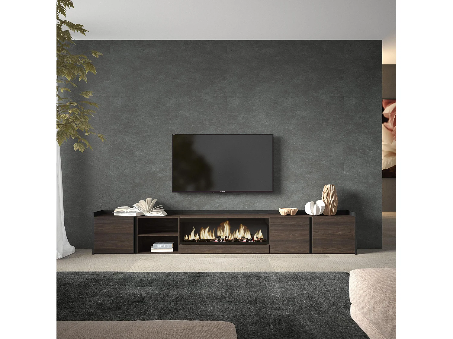 Móvel de TV, 315x50x35 cm, Para televisores até 80", Lareira eléctrica XXL, Carvalho escuro e Preto