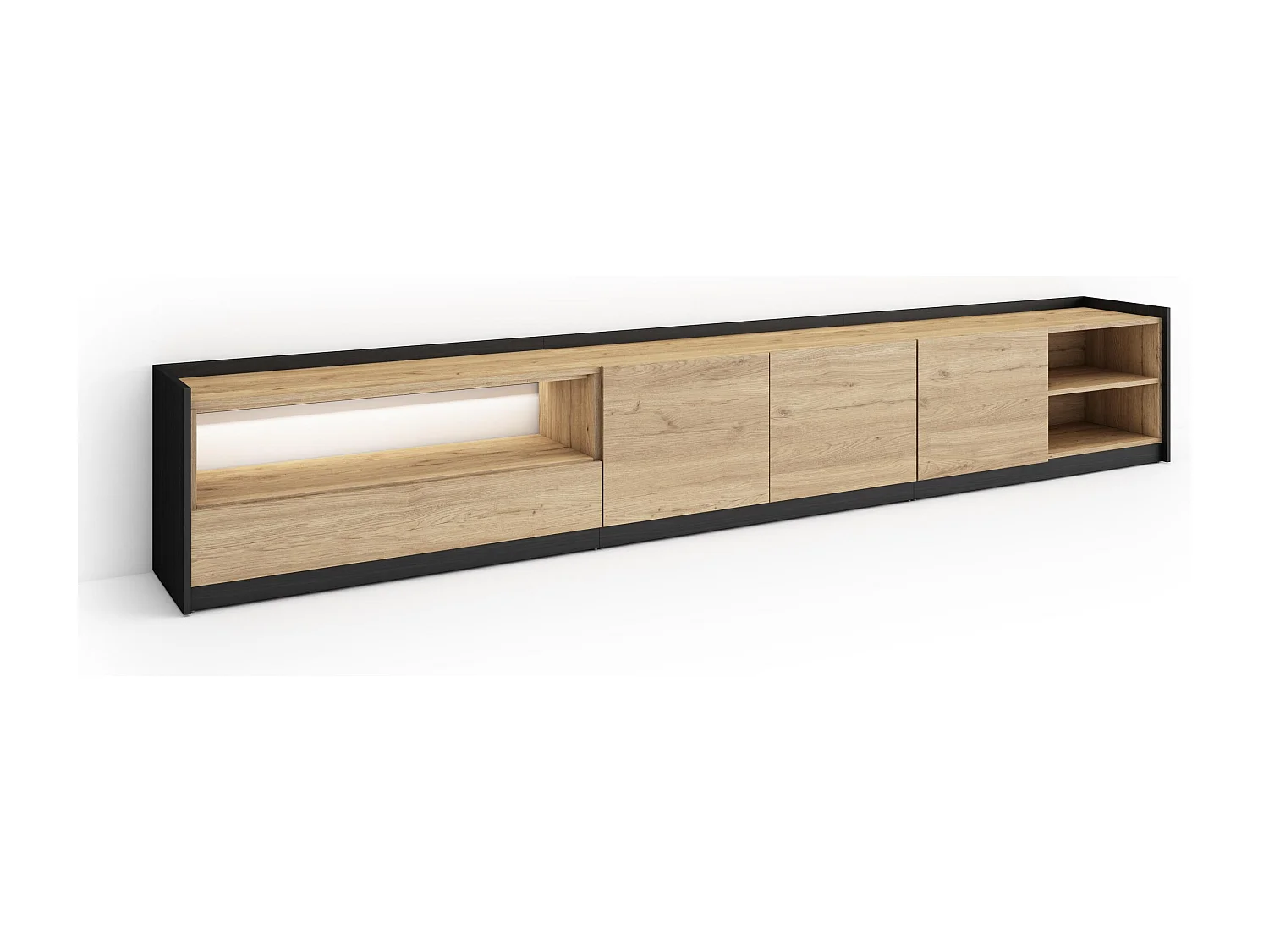 TV-Schrank, Lowboard, 310x50x37 cm, Für TV-Geräte bis zu 80", LED, Eiche Schwarz