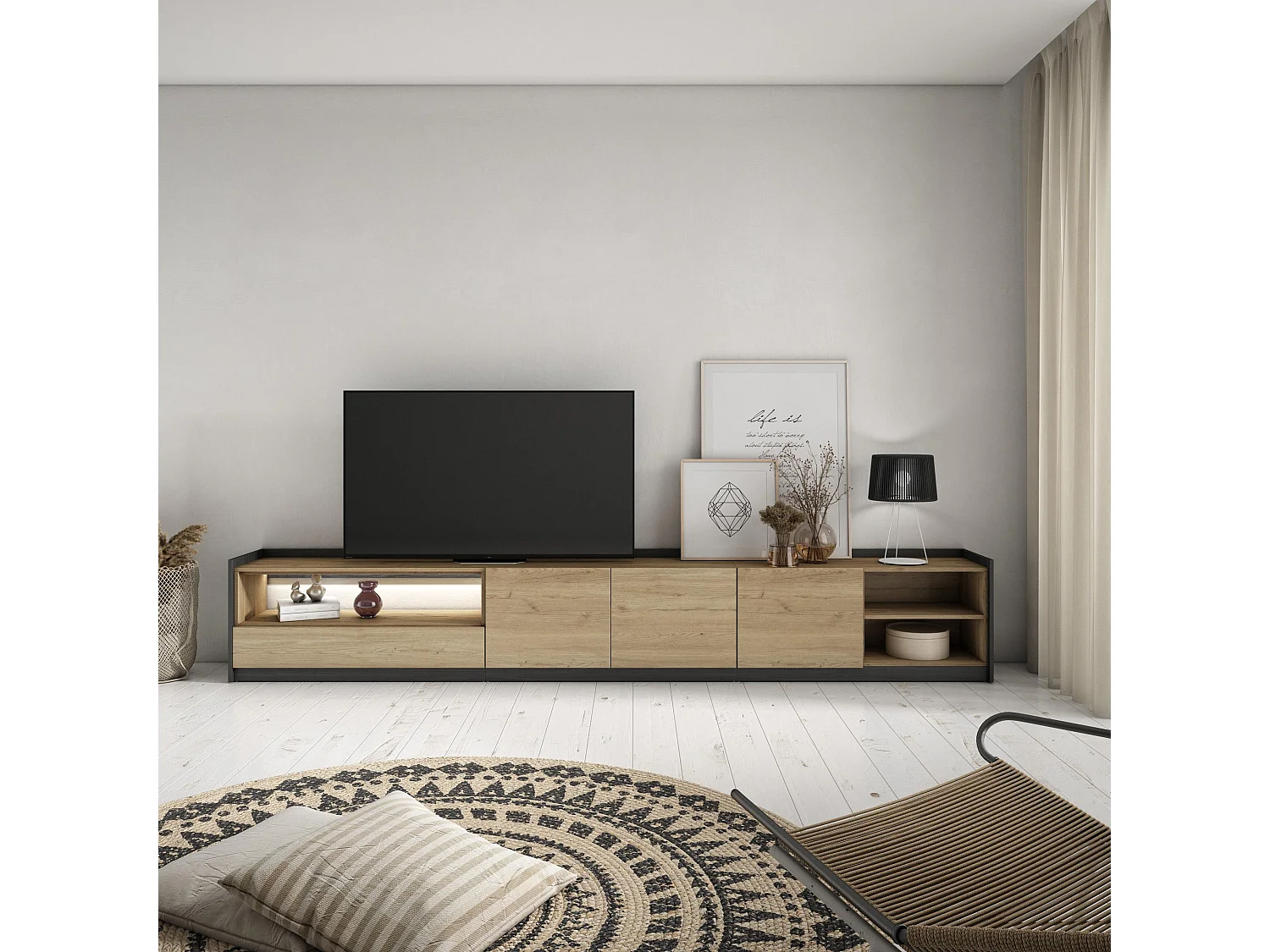 TV-Schrank, Lowboard, 310x50x37 cm, Für TV-Geräte bis zu 80", LED, Eiche Schwarz
