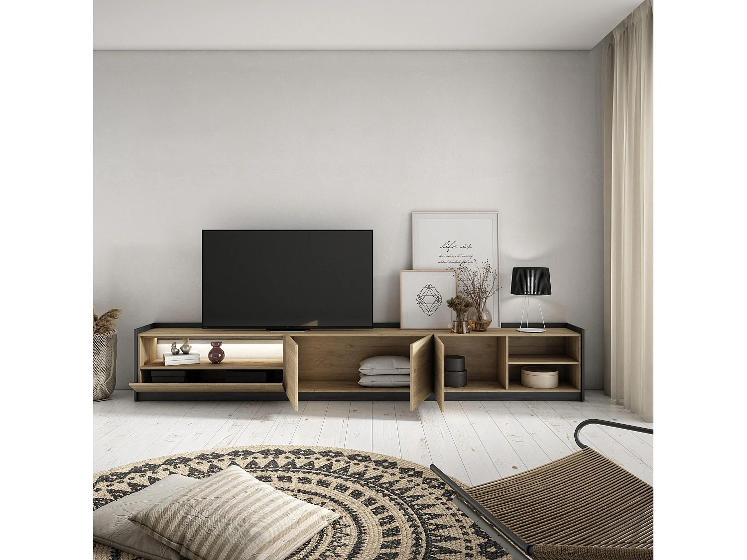 TV-Schrank, Lowboard, 310x50x37 cm, Für TV-Geräte bis zu 80", LED, Eiche Schwarz