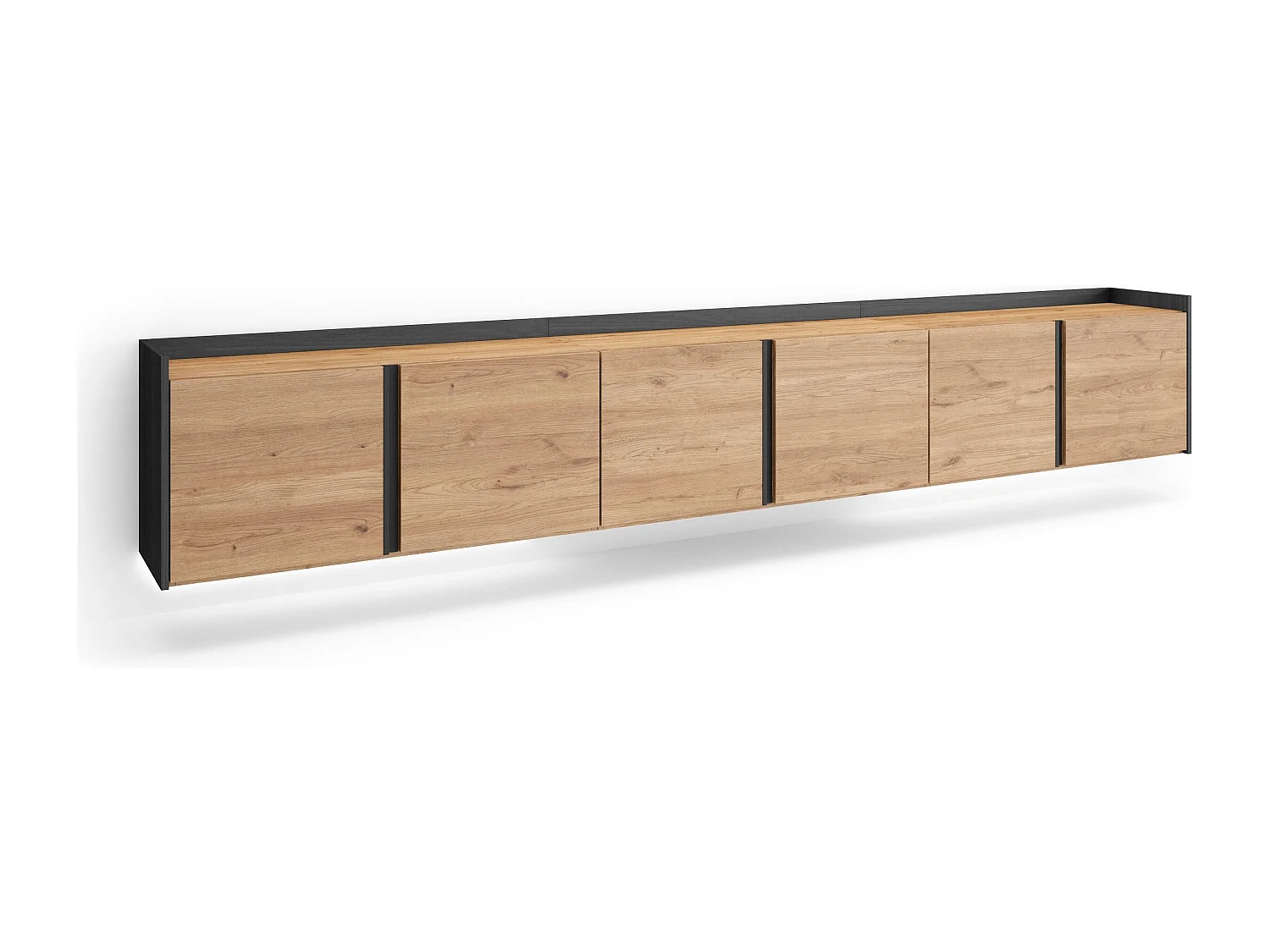 TV-Schrank, Lowboard, 309x50x35 cm, Für TV-Geräte bis zu 80", Hängend, LED, Eiche Schwarz