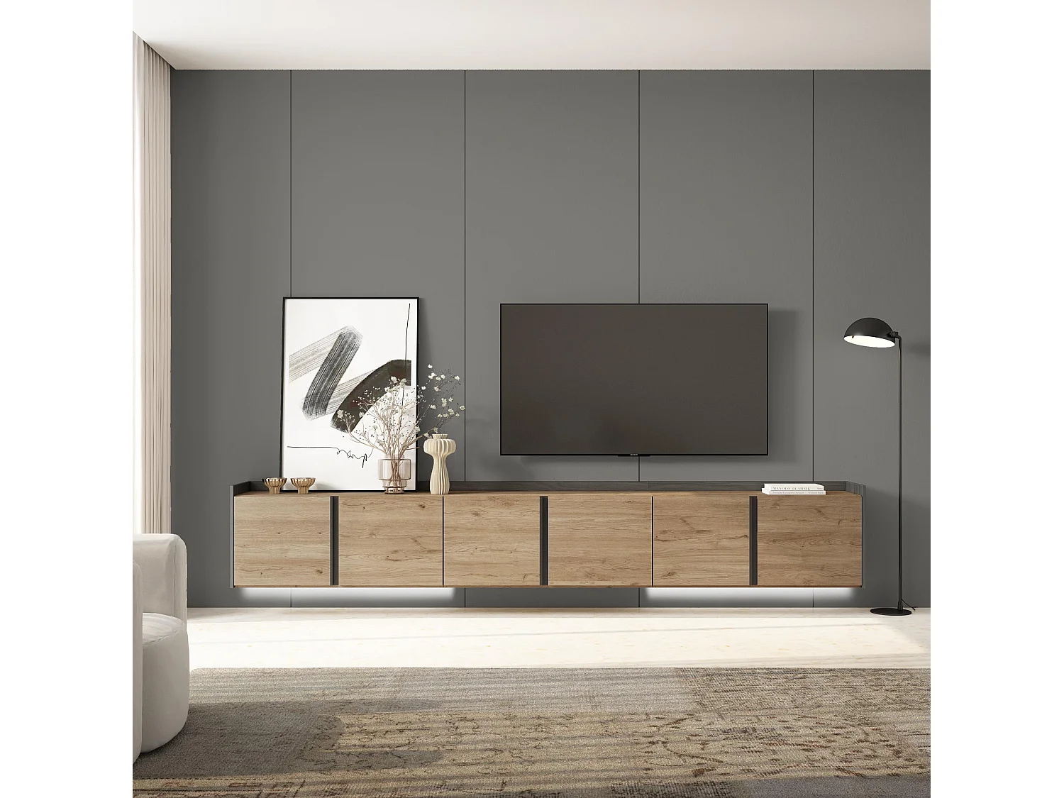 TV-Schrank, Lowboard, 309x50x35 cm, Für TV-Geräte bis zu 80", Hängend, LED, Eiche Schwarz