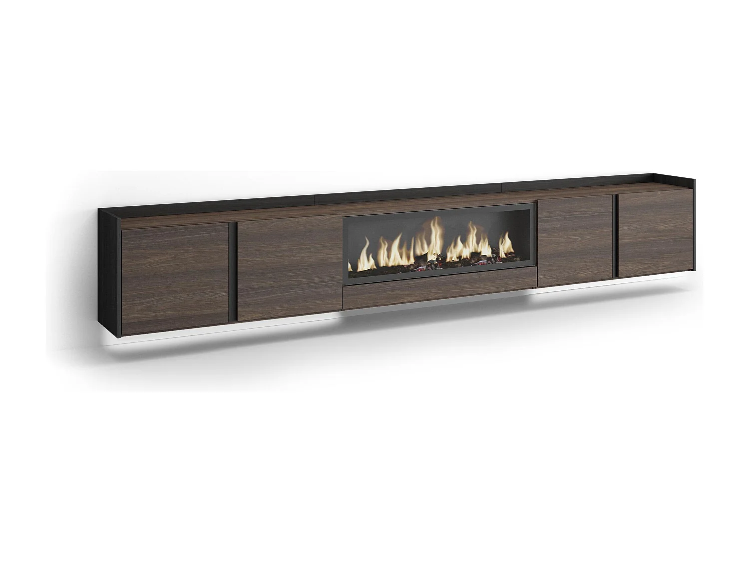 TV-Schrank, Lowboard, 315x50x35 cm, Für TV-Geräte bis zu 80", Elektrokamin XXL, Hängend, LED, Dunkler Eiche und Schwarz