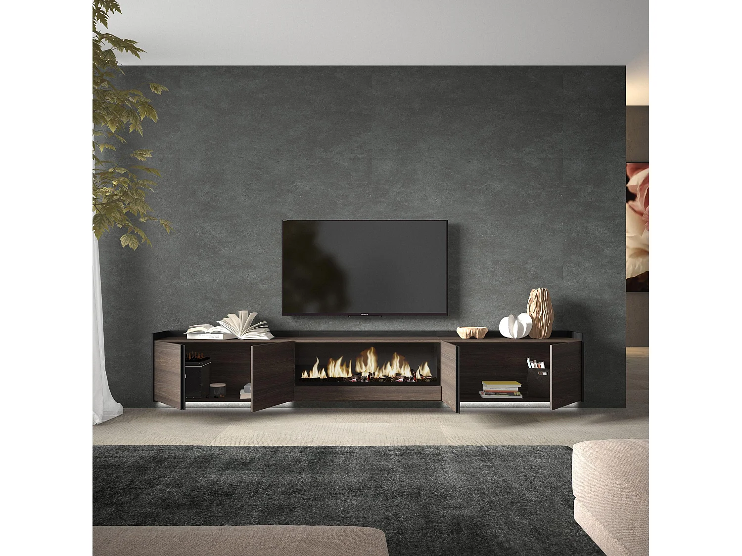 TV-Schrank, Lowboard, 315x50x35 cm, Für TV-Geräte bis zu 80", Elektrokamin XXL, Hängend, LED, Dunkler Eiche und Schwarz