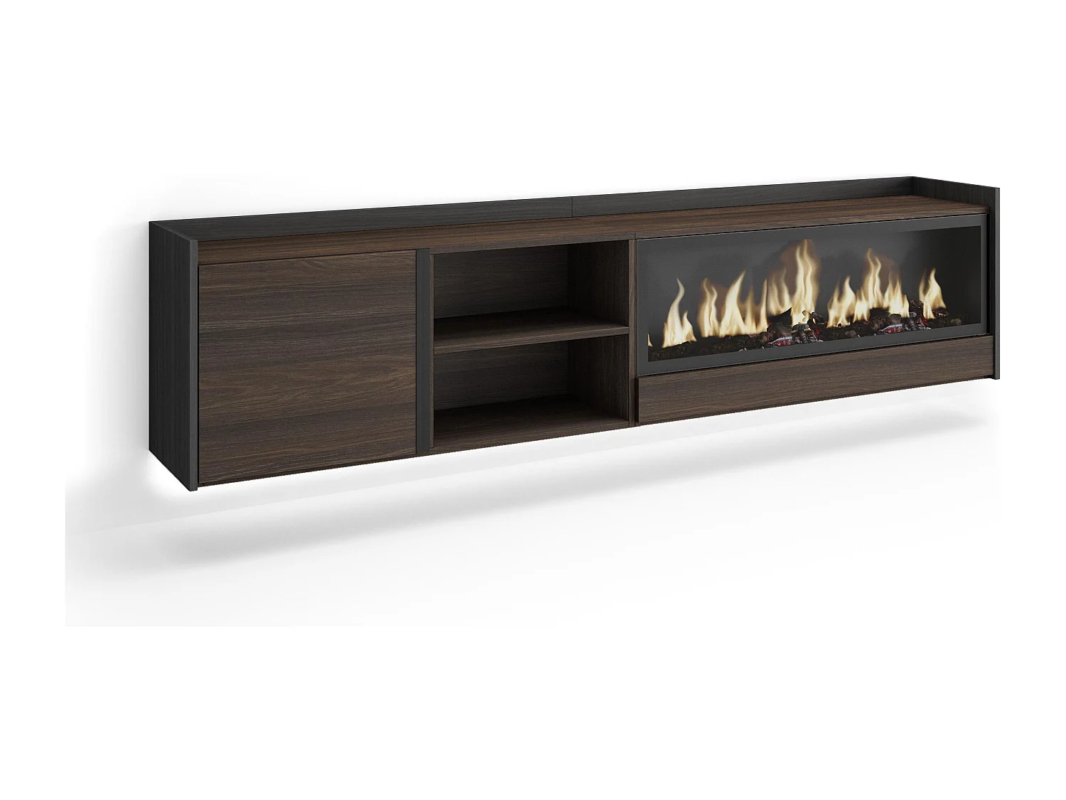 TV-Schrank, Lowboard, 212x50x35 cm, Für TV-Geräte bis zu 80", Elektrokamin XXL, Hängend, LED, Dunkler Eiche und Schwarz