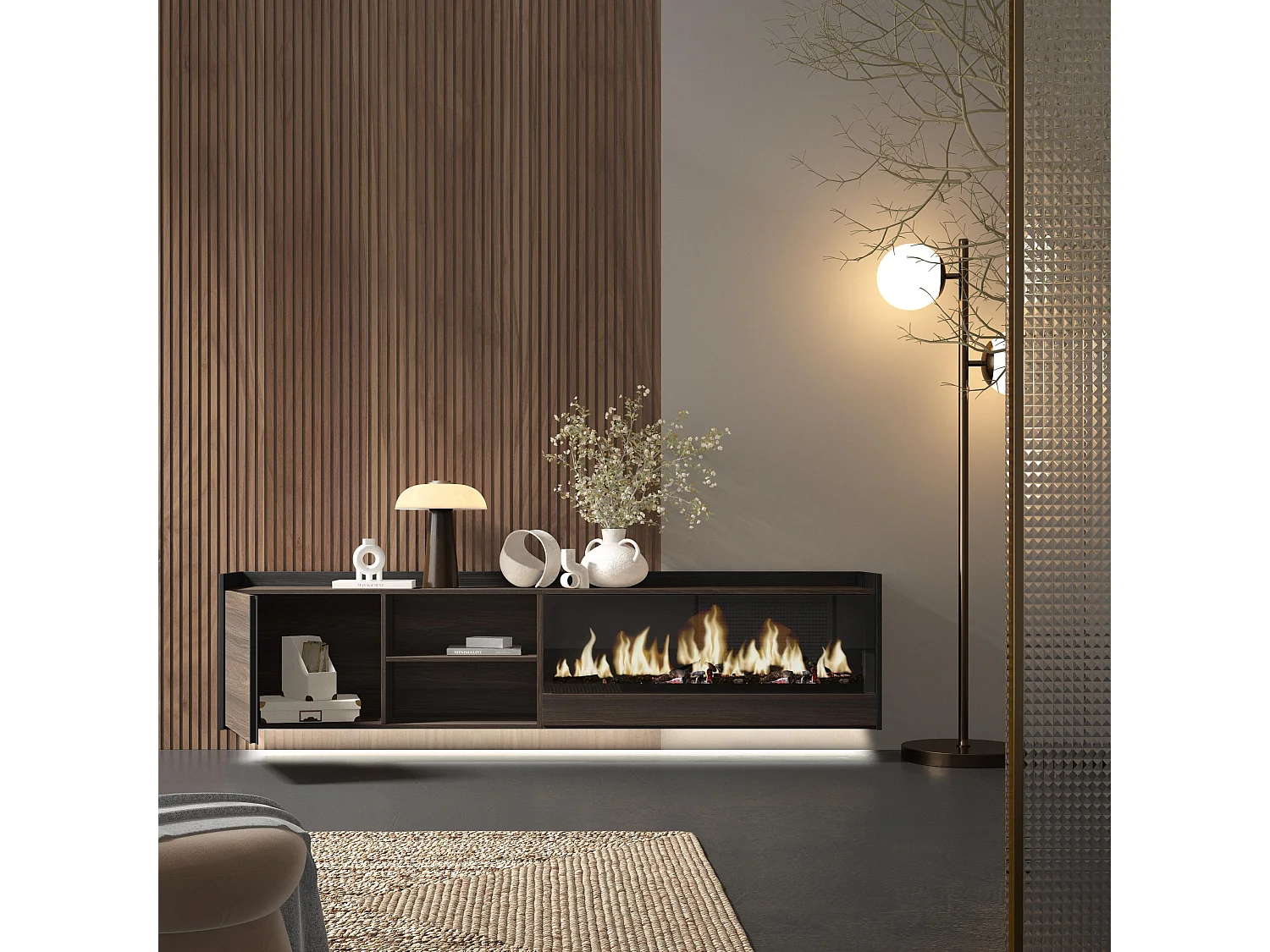 TV-Schrank, Lowboard, 212x50x35 cm, Für TV-Geräte bis zu 80", Elektrokamin XXL, Hängend, LED, Dunkler Eiche und Schwarz