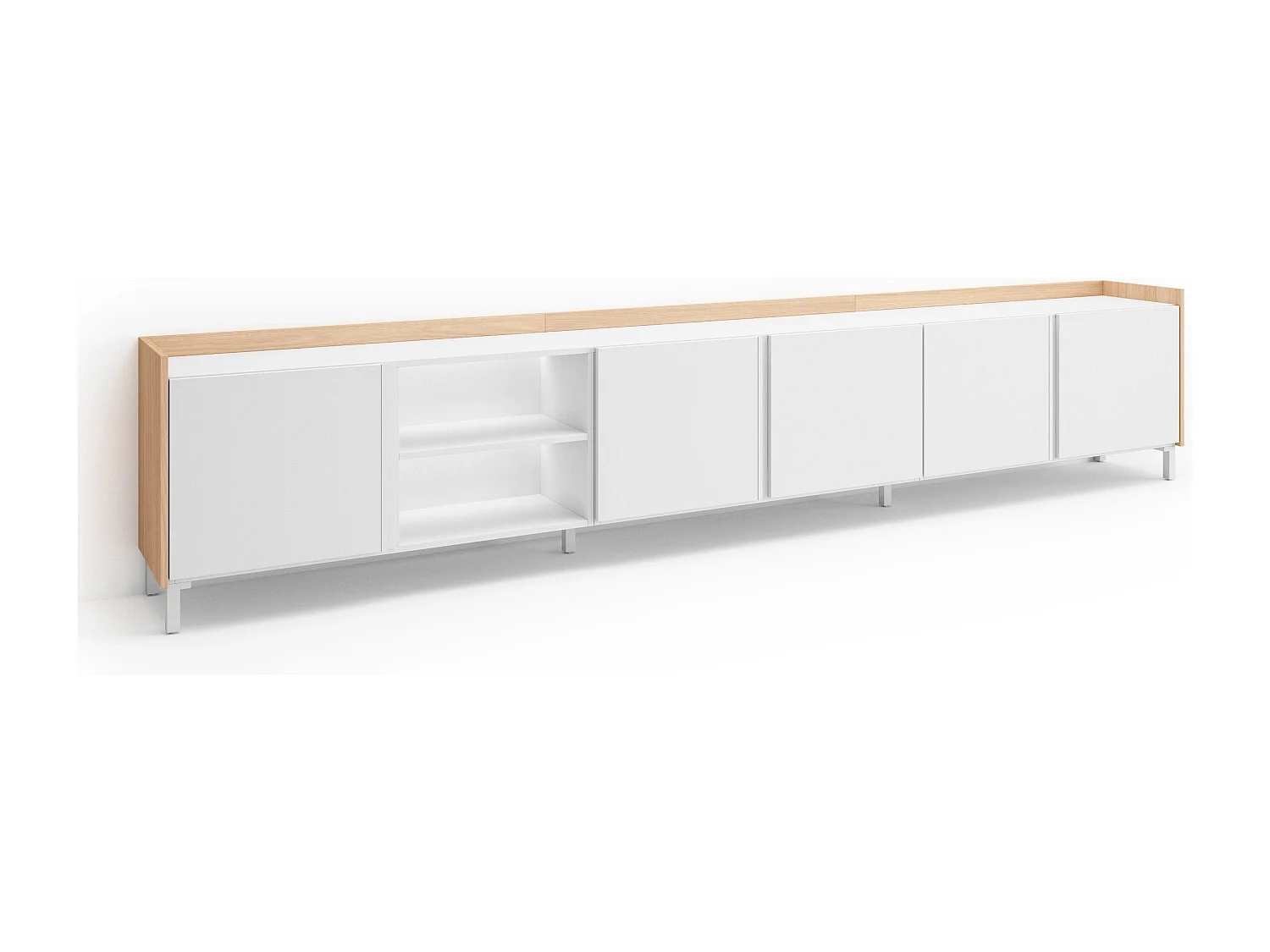 TV-Schrank, Lowboard, 309x61x35 cm, Für TV-Geräte bis zu 80", Industriedesign, LED, Weiß und Eiche Soft