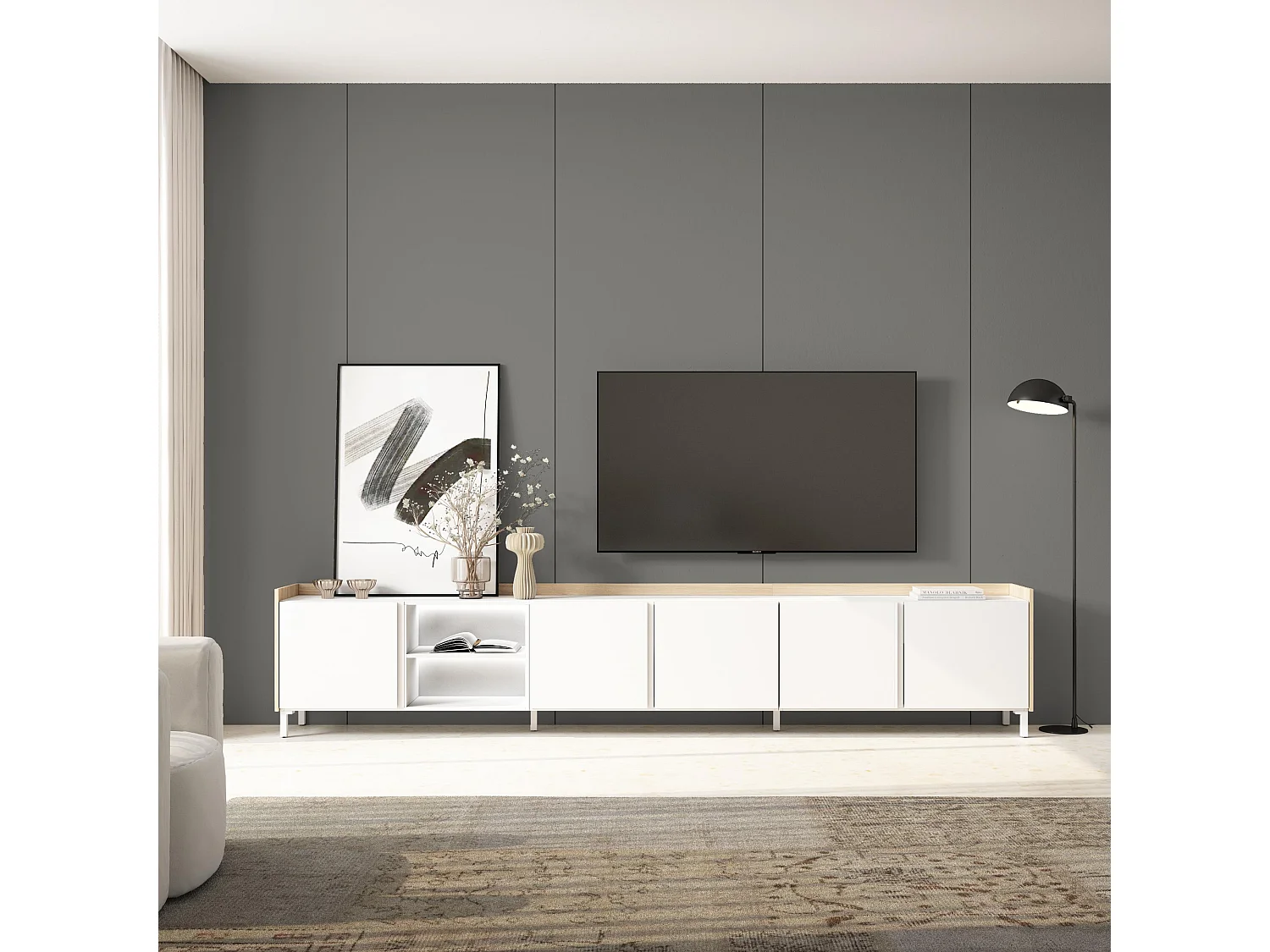 TV-Schrank, Lowboard, 309x61x35 cm, Für TV-Geräte bis zu 80", Industriedesign, LED, Weiß und Eiche Soft