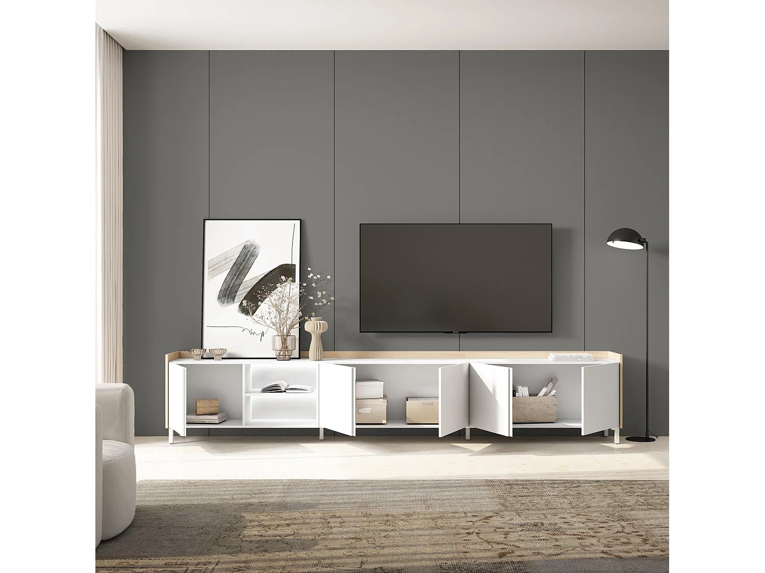 TV-Schrank, Lowboard, 309x61x35 cm, Für TV-Geräte bis zu 80", Industriedesign, LED, Weiß und Eiche Soft
