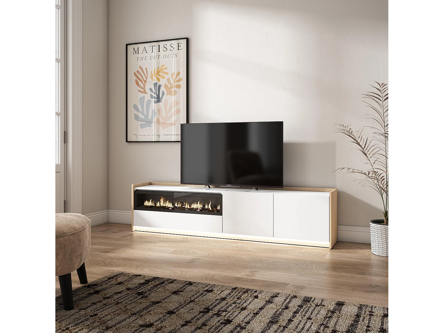 TV-Schrank, Lowboard, 207x50x37 cm, Für TV-Geräte bis zu 80", Elektrokamin., LED, Weiß und Eiche Soft