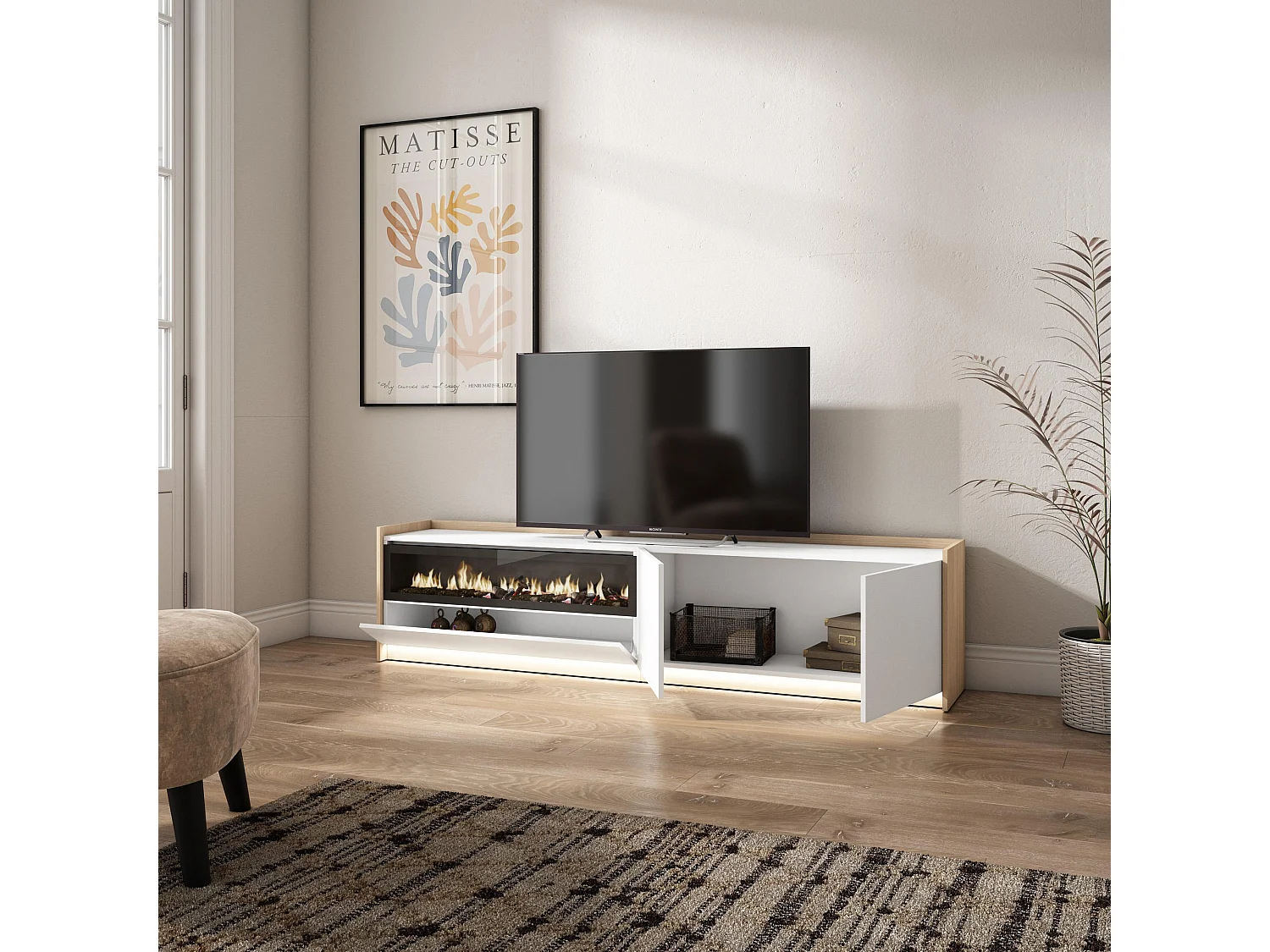 TV-Schrank, Lowboard, 207x50x37 cm, Für TV-Geräte bis zu 80", Elektrokamin., LED, Weiß und Eiche Soft