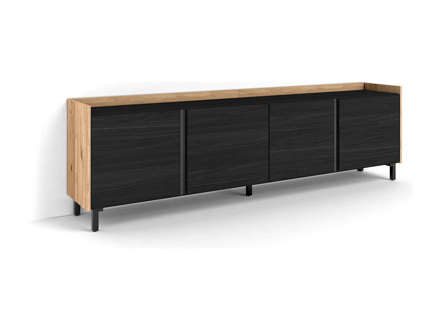 Mueble TV, Televisión, 207x61x35 cm, Para TV hasta 80", Diseño industrial, Negro y roble
