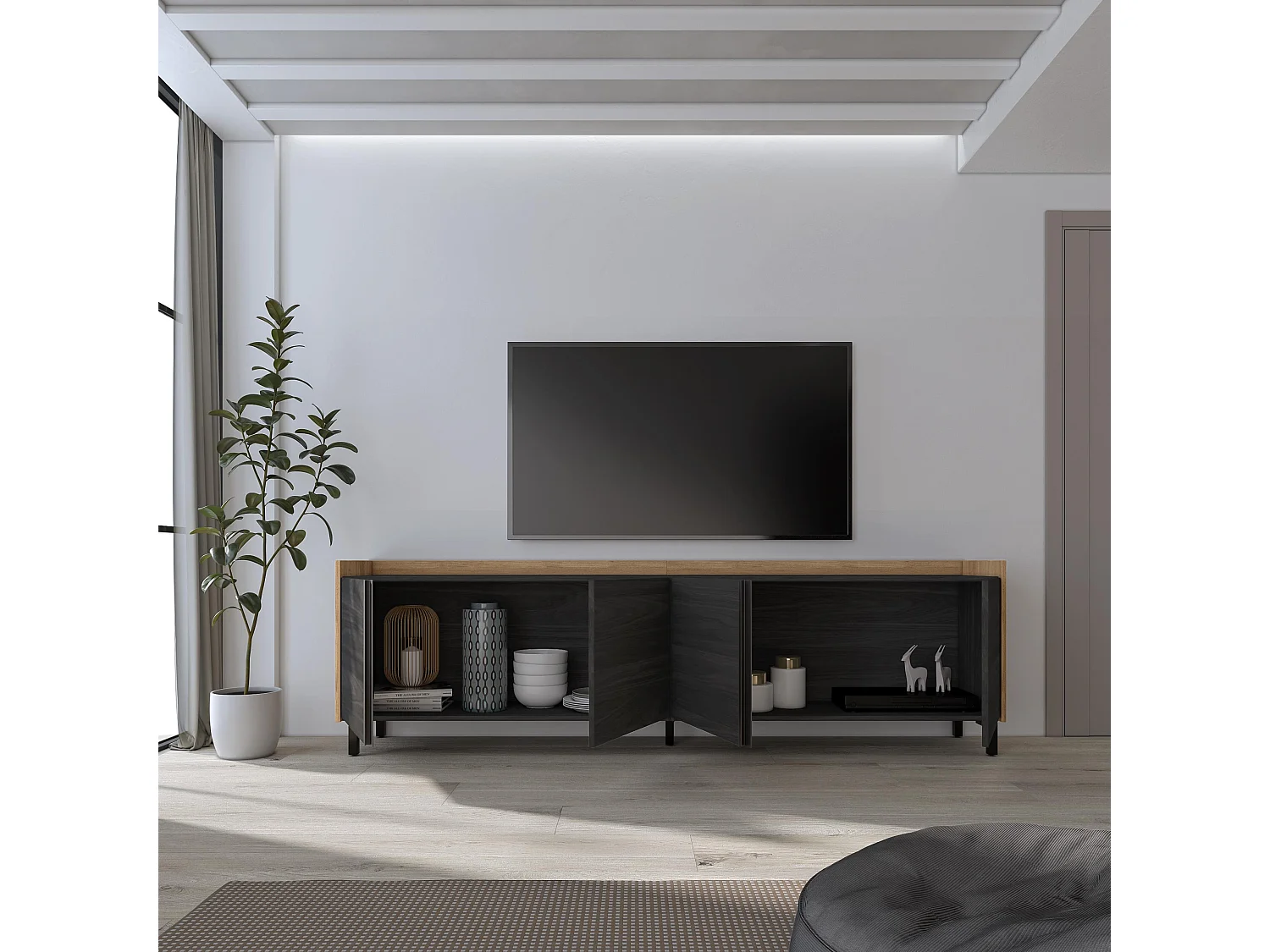 Mueble TV, Televisión, 207x61x35 cm, Para TV hasta 80", Diseño industrial, Negro y roble