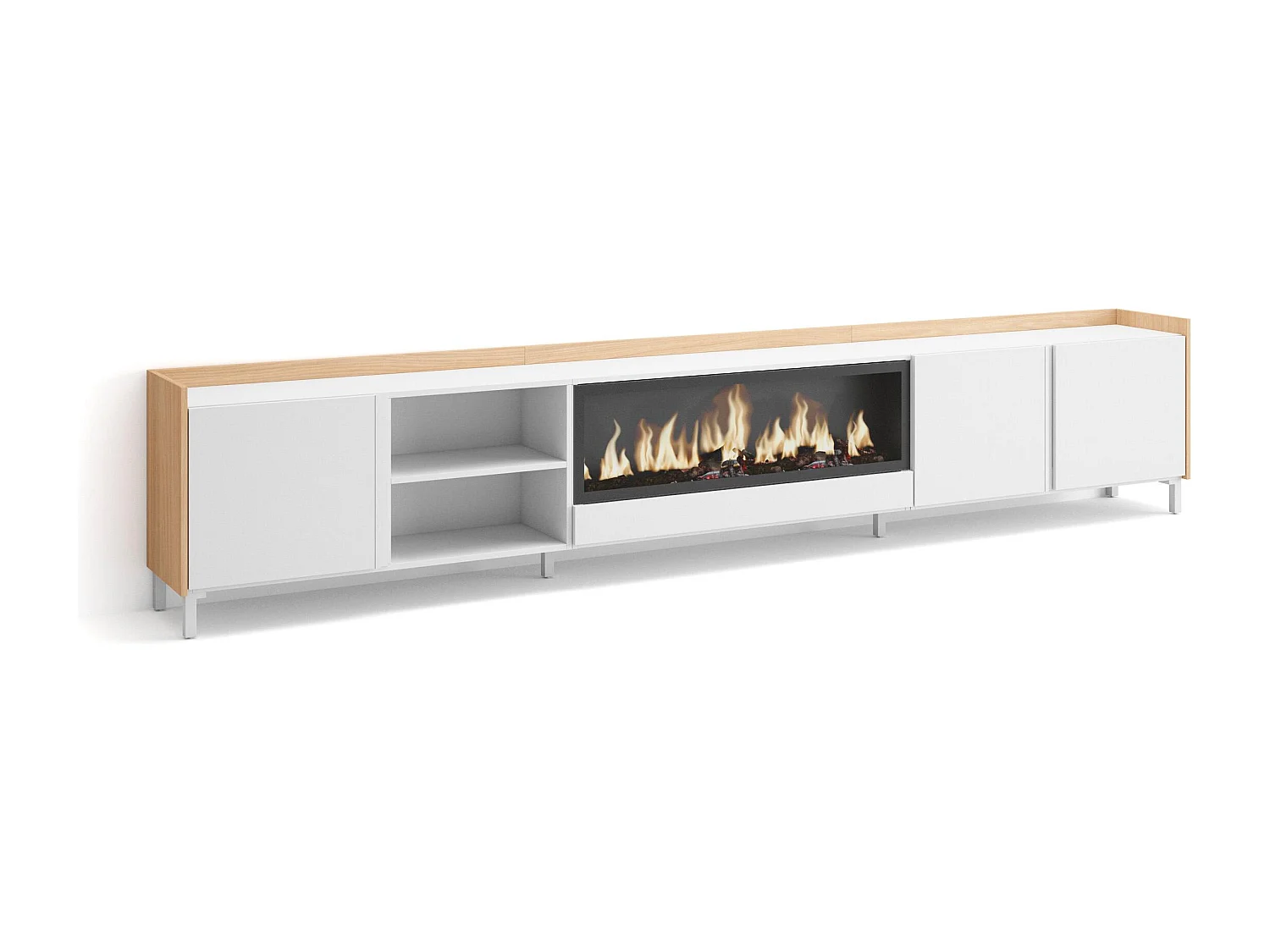 TV-Meubel, Lowboard, 315x61x35 cm, Voor tv's tot 80", Elektrische haard XXL, Industrieel design, Wit en Eiken soft