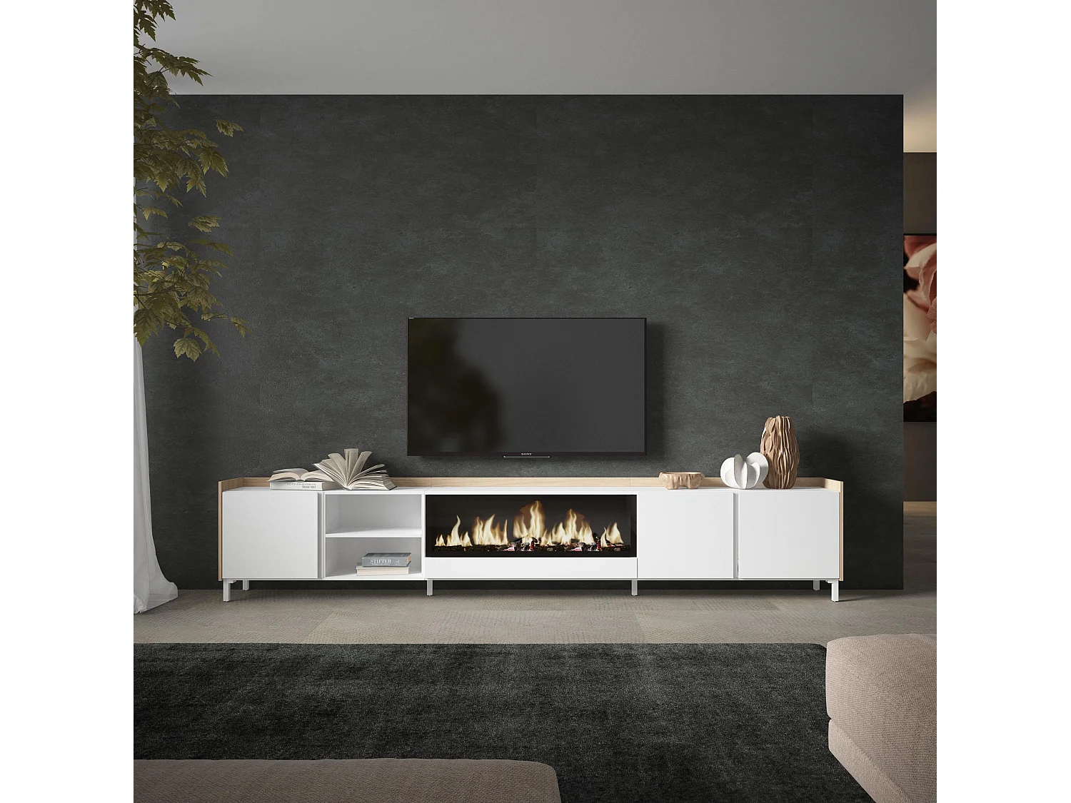 TV-Meubel, Lowboard, 315x61x35 cm, Voor tv's tot 80", Elektrische haard XXL, Industrieel design, Wit en Eiken soft