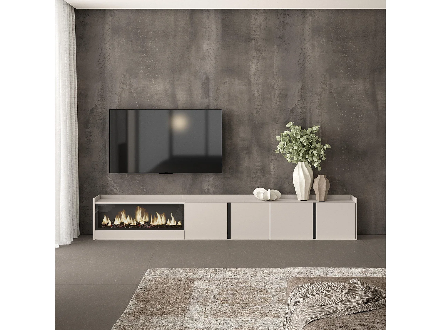 TV-Schrank - Lowboard - 315x50x35cm - Für TV-Geräte bis zu 80" - Elektrokamin XXL - Beige