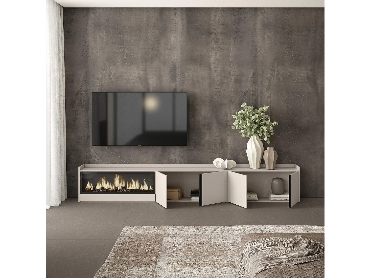 TV-Schrank - Lowboard - 315x50x35cm - Für TV-Geräte bis zu 80" - Elektrokamin XXL - Beige
