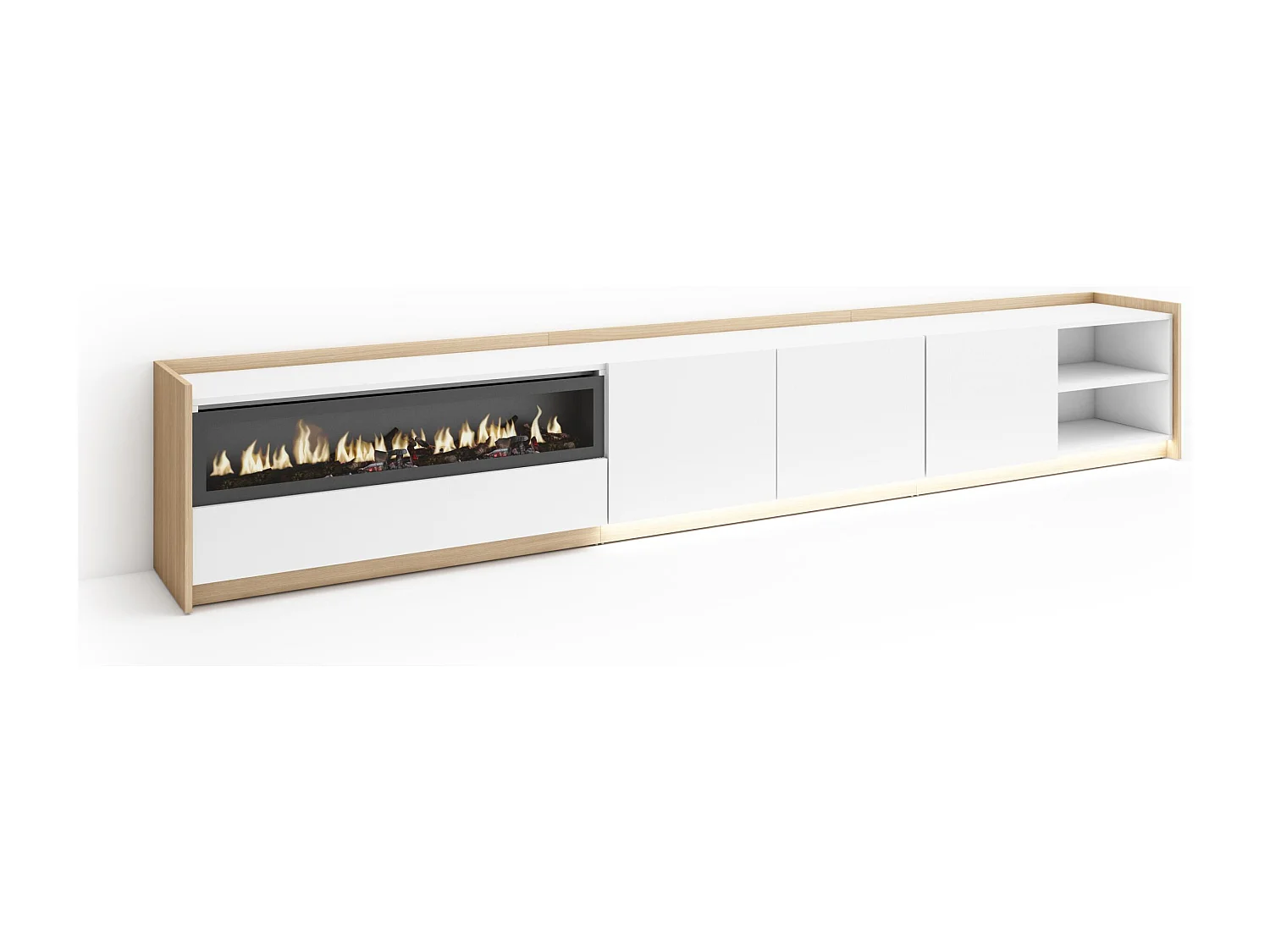 Meuble TV, Banc Télé, 310x50x37 cm, Pour les TV jusqu'à 80", Cheminée électrique, LED, Blanc et Chêne Soft