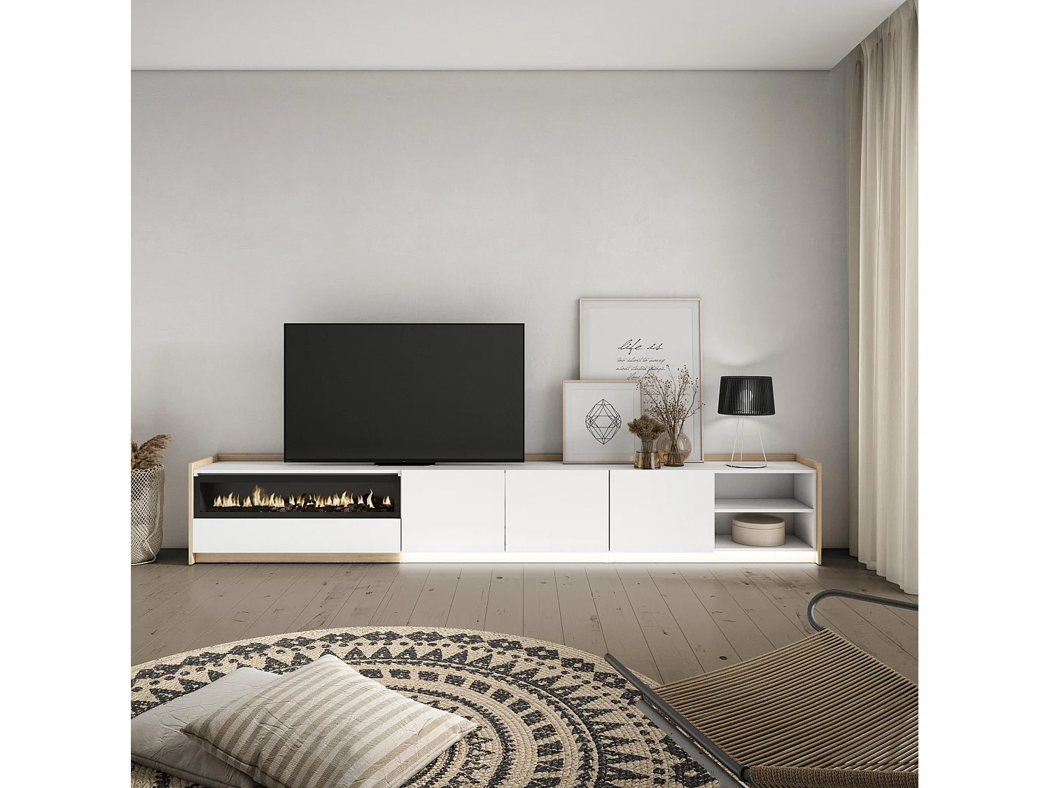 Meuble TV, Banc Télé, 310x50x37 cm, Pour les TV jusqu'à 80", Cheminée électrique, LED, Blanc et Chêne Soft