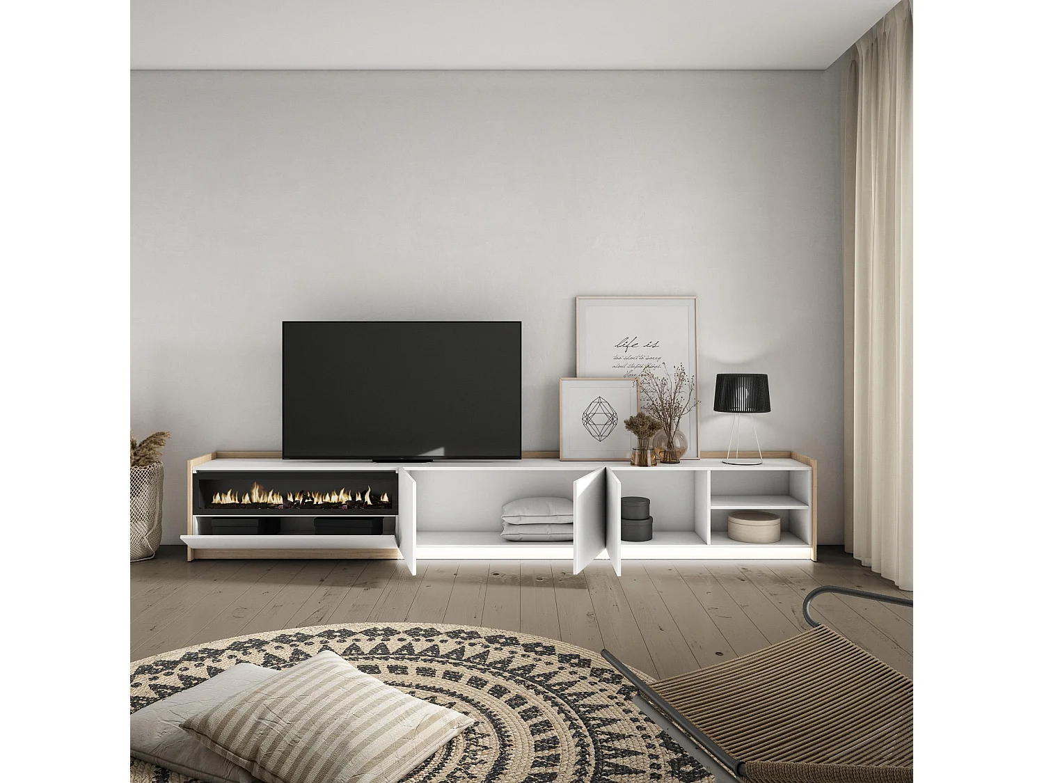 Meuble TV, Banc Télé, 310x50x37 cm, Pour les TV jusqu'à 80", Cheminée électrique, LED, Blanc et Chêne Soft
