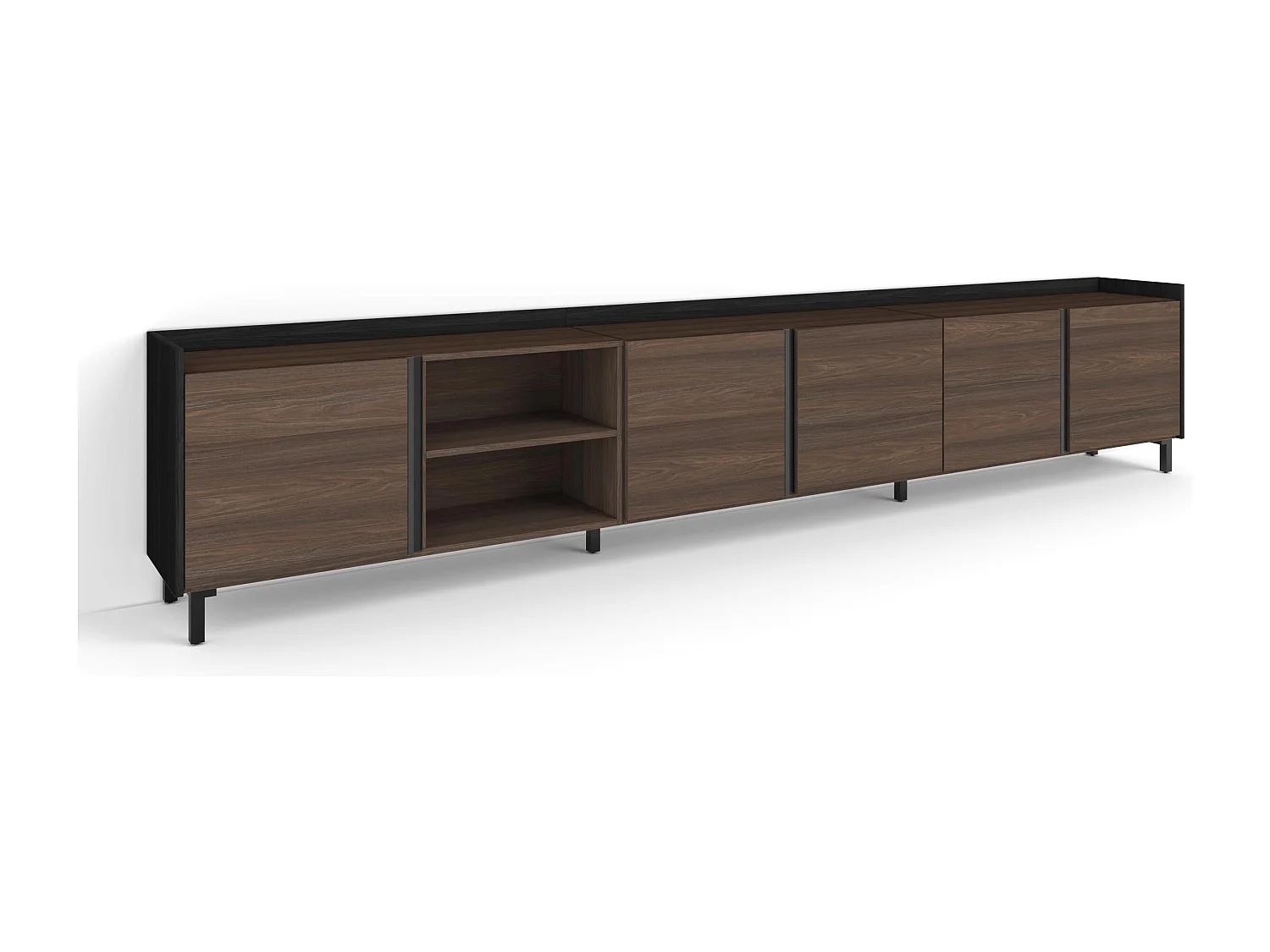 Mueble TV, Televisión, 309x61x35 cm, Para TV hasta 80", Diseño industrial, Roble oscuro y Negro
