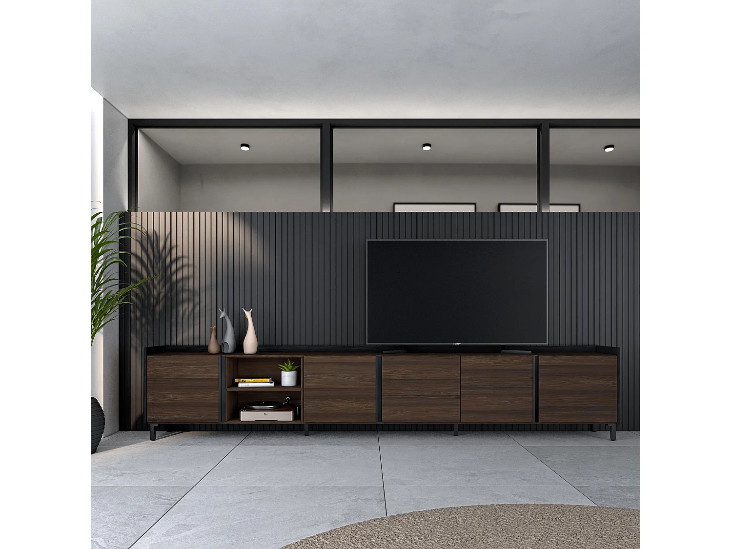 Mueble TV, Televisión, 309x61x35 cm, Para TV hasta 80", Diseño industrial, Roble oscuro y Negro
