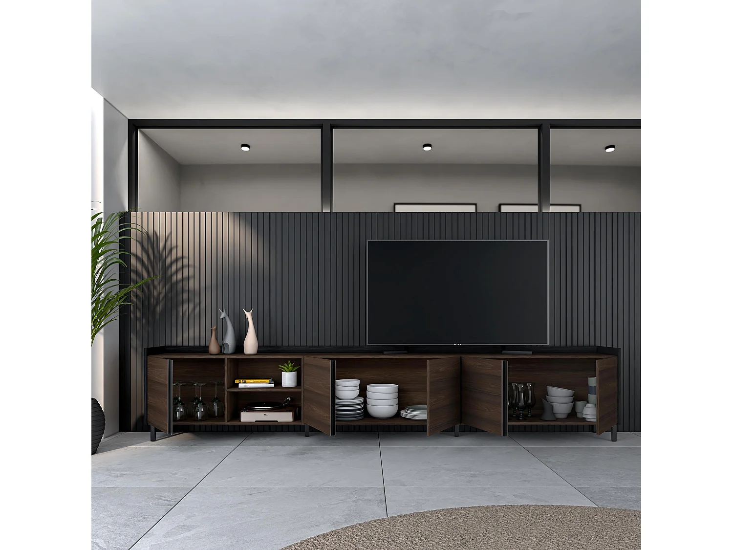 Mueble TV, Televisión, 309x61x35 cm, Para TV hasta 80", Diseño industrial, Roble oscuro y Negro