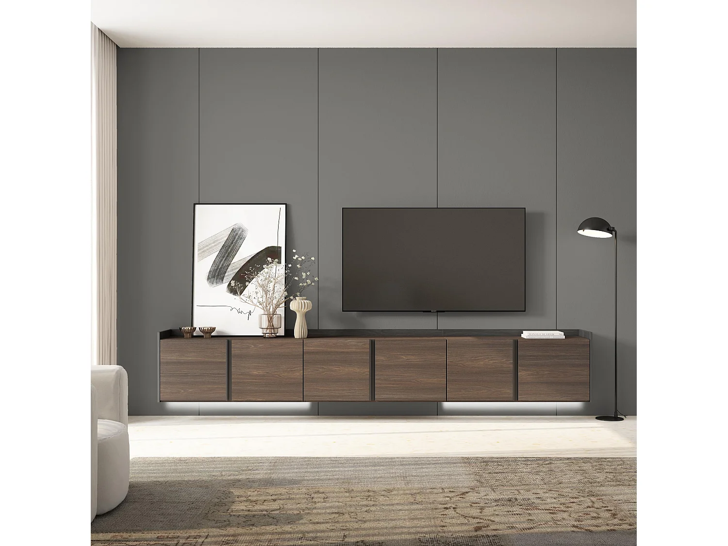 TV-Schrank, Lowboard, 309x50x35 cm, Für TV-Geräte bis zu 80", Hängend, LED, Dunkler Eiche und Schwarz