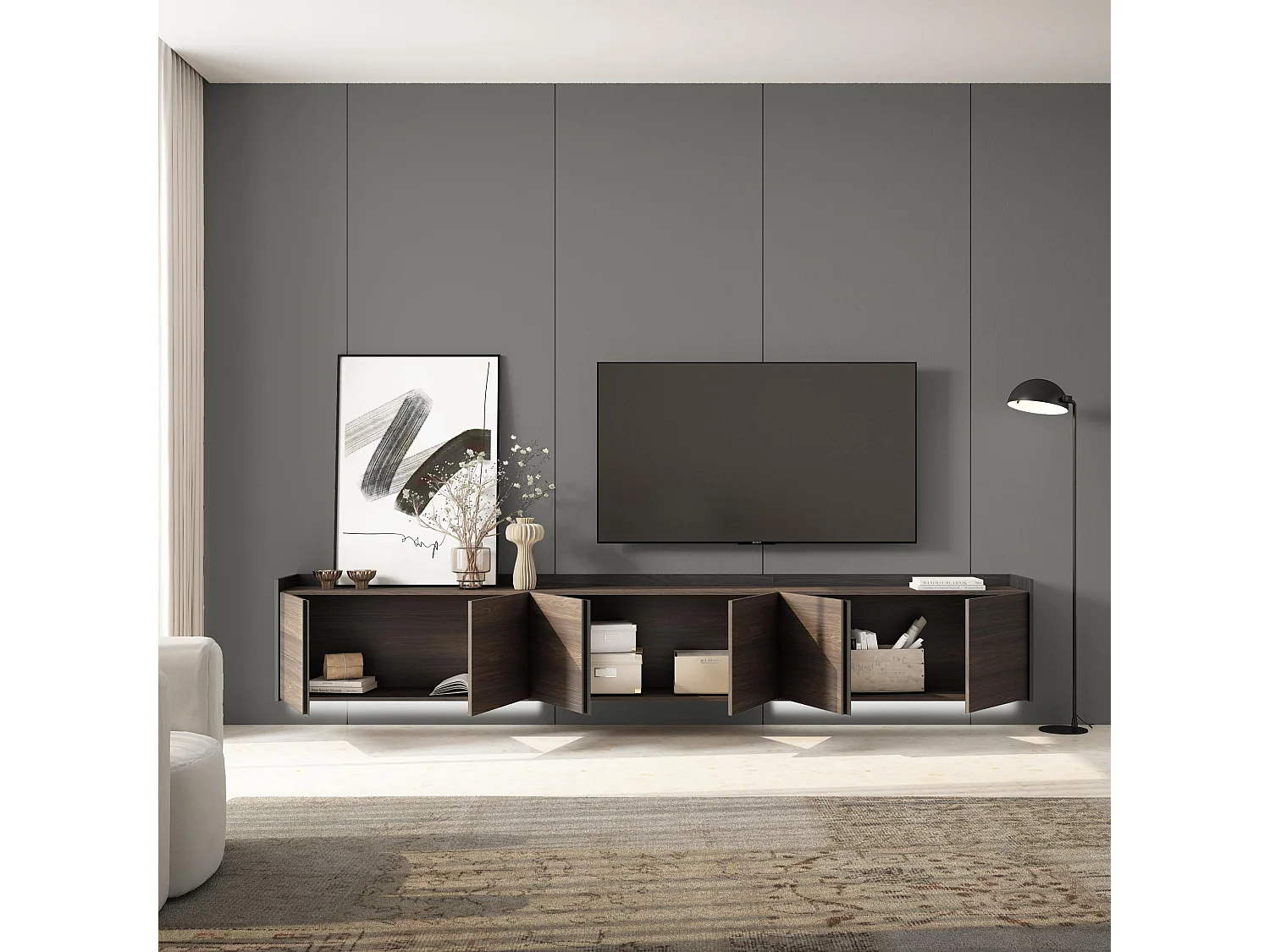 TV-Schrank, Lowboard, 309x50x35 cm, Für TV-Geräte bis zu 80", Hängend, LED, Dunkler Eiche und Schwarz