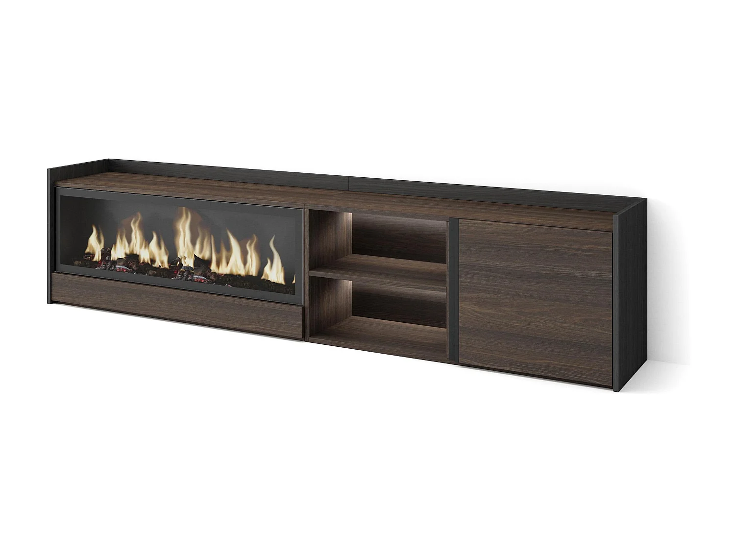 TV-Schrank, Lowboard, 212x50x35 cm, Für TV-Geräte bis zu 80", Elektrokamin XXL, LED, Dunkler Eiche und Schwarz