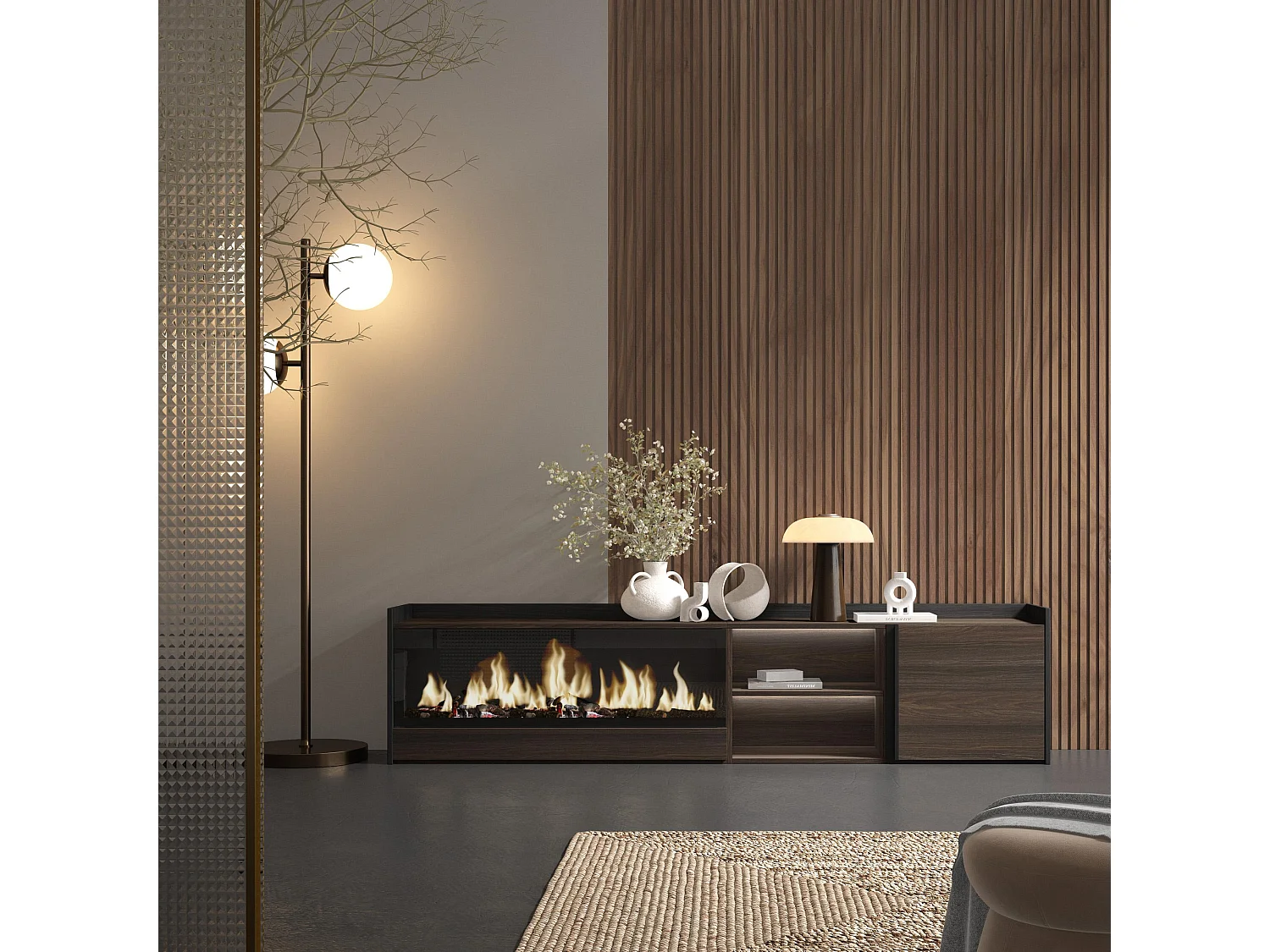 TV-Schrank, Lowboard, 212x50x35 cm, Für TV-Geräte bis zu 80", Elektrokamin XXL, LED, Dunkler Eiche und Schwarz