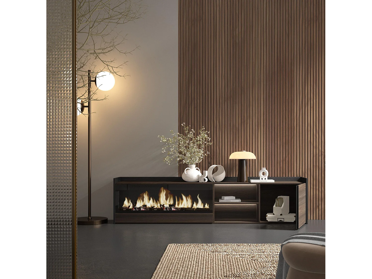 TV-Schrank, Lowboard, 212x50x35 cm, Für TV-Geräte bis zu 80", Elektrokamin XXL, LED, Dunkler Eiche und Schwarz