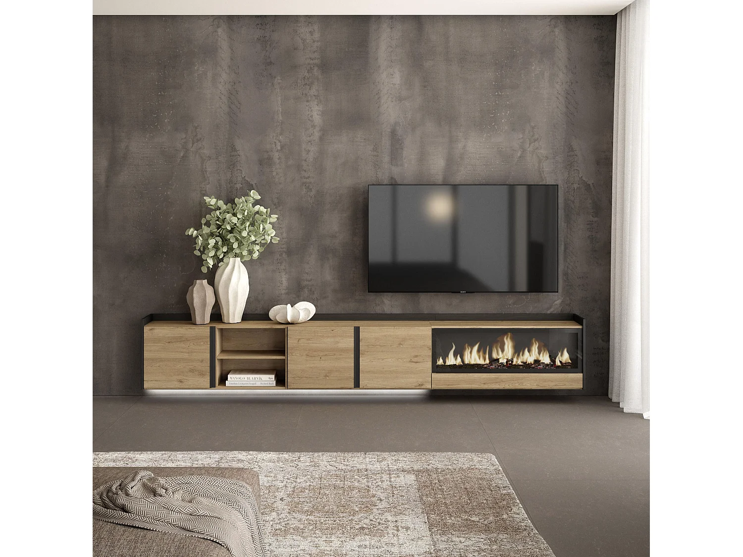 TV-Schrank, Lowboard, 315x50x35 cm, Für TV-Geräte bis zu 80", Elektrokamin XXL, Hängend, LED, Eiche Schwarz