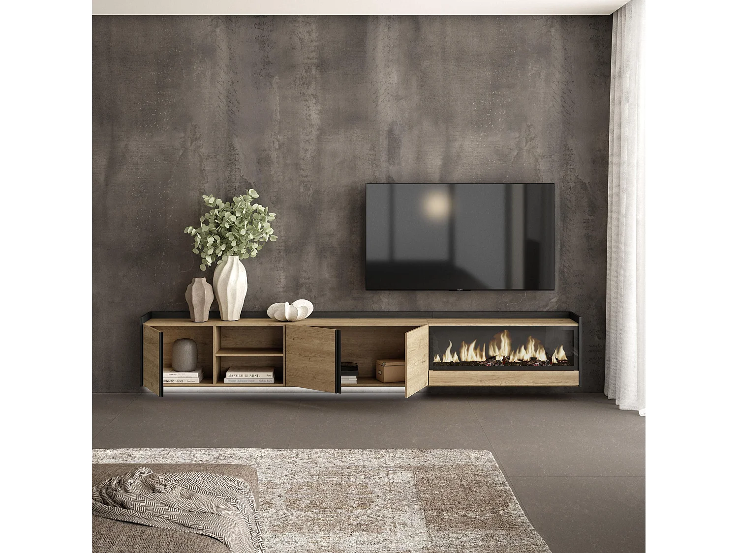 TV-Schrank, Lowboard, 315x50x35 cm, Für TV-Geräte bis zu 80", Elektrokamin XXL, Hängend, LED, Eiche Schwarz