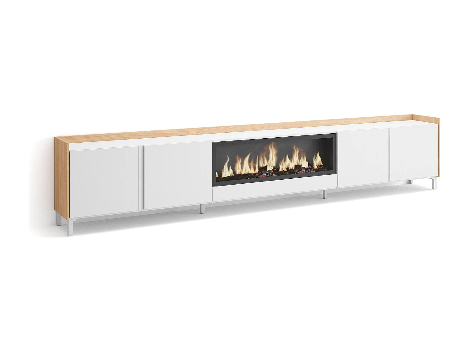 TV-Meubel, Lowboard, 315x61x35 cm, Voor tv's tot 80", Elektrische haard XXL, Industrieel design, Wit en Eiken soft