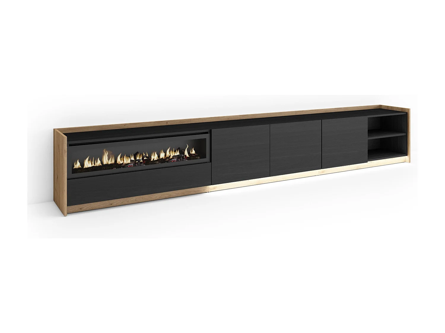 Meuble TV, Banc Télé, 310x50x37 cm, Pour les TV jusqu'à 80", Cheminée électrique, LED, Noir et chêne