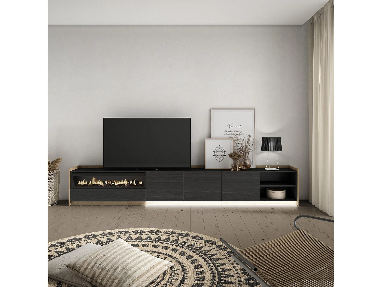 Meuble TV, Banc Télé, 310x50x37 cm, Pour les TV jusqu'à 80", Cheminée électrique, LED, Noir et chêne