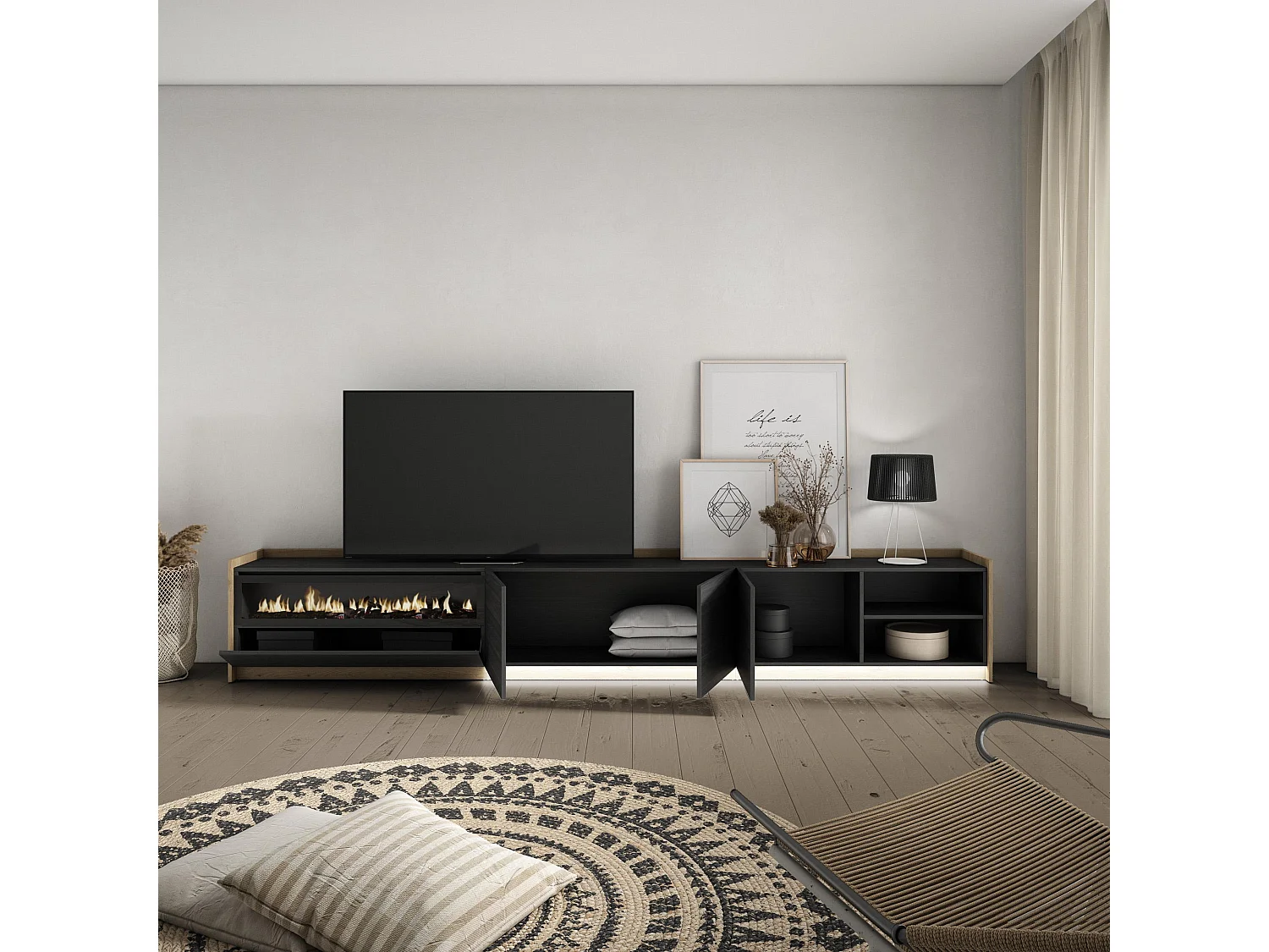Meuble TV, Banc Télé, 310x50x37 cm, Pour les TV jusqu'à 80", Cheminée électrique, LED, Noir et chêne