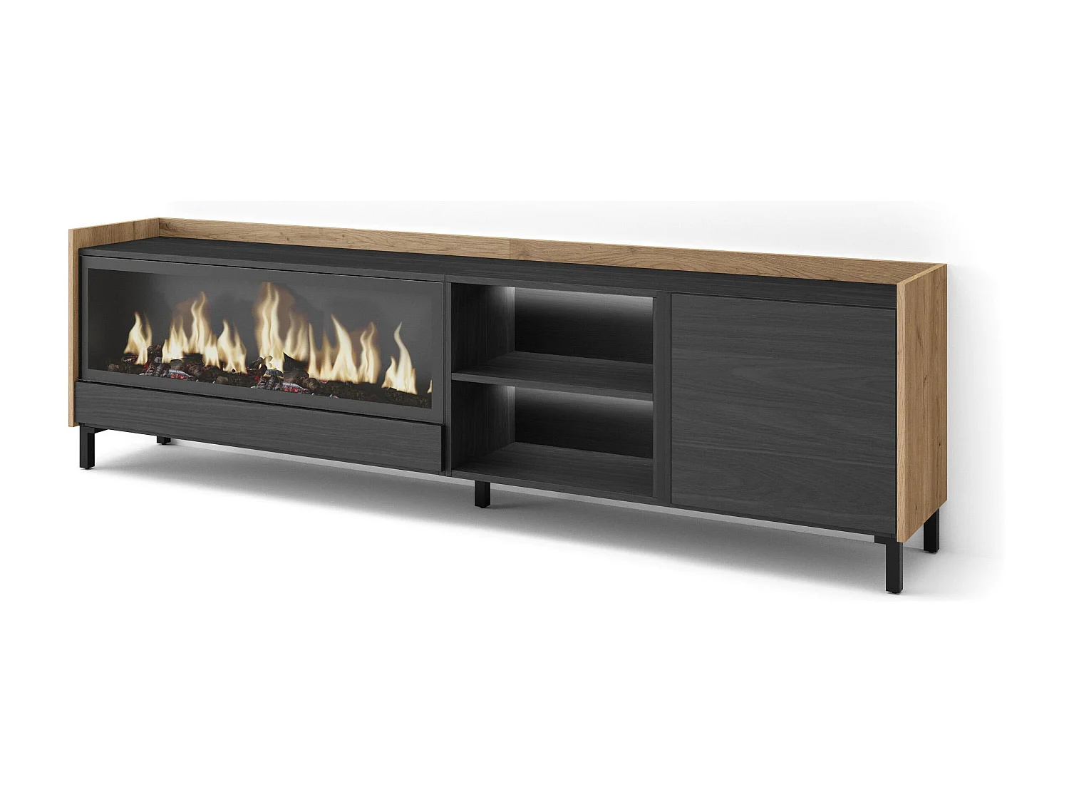 TV-Schrank, Lowboard, 212x61x35 cm, Für TV-Geräte bis zu 80", Elektrokamin XXL, Industriedesign, LED, Schwarz Eiche