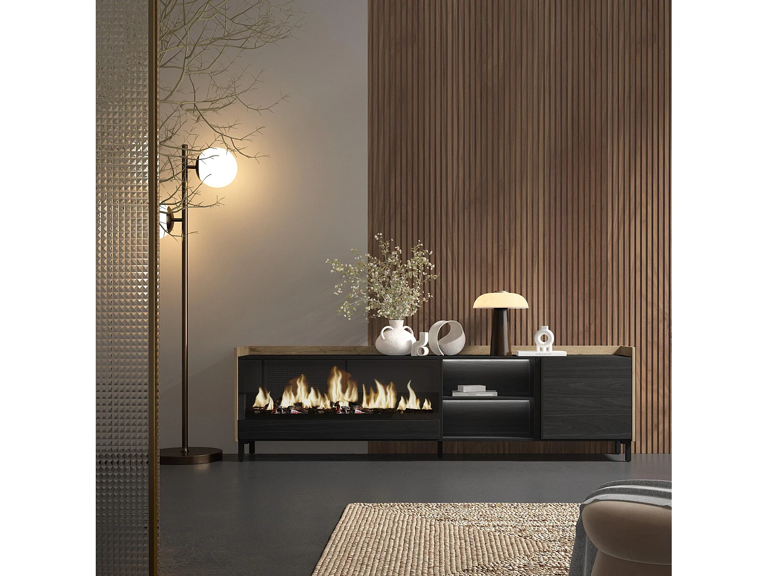 TV-Schrank, Lowboard, 212x61x35 cm, Für TV-Geräte bis zu 80", Elektrokamin XXL, Industriedesign, LED, Schwarz Eiche