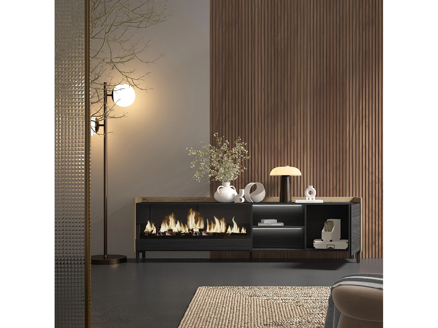 TV-Schrank, Lowboard, 212x61x35 cm, Für TV-Geräte bis zu 80", Elektrokamin XXL, Industriedesign, LED, Schwarz Eiche