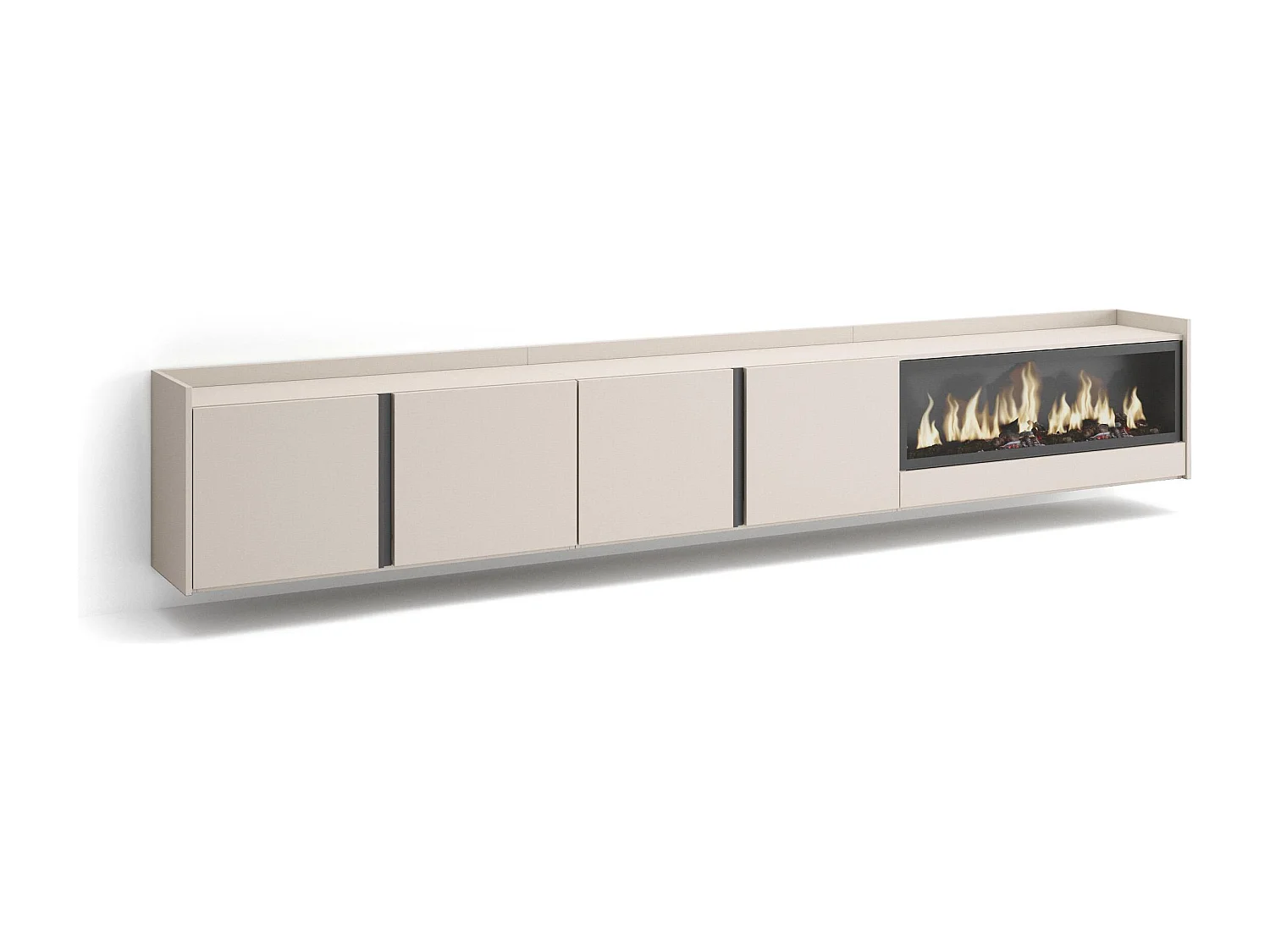 Meuble TV, Banc Télé, 315x50x35 cm, Pour les TV jusqu'à 80", Cheminée électrique XXL, Suspendu, Mural, Beige